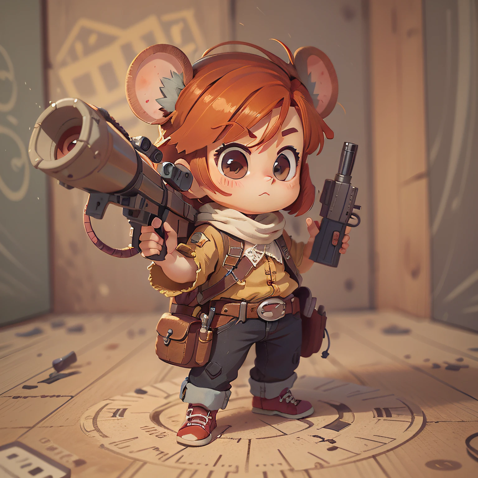 chibi, mouse, cute, cowboy style, action pose, redhead, with two big guns, old wide west, bigbadejo, full body, masterpiece, 3D Rendering, Best Quality, Lots of Detail, (plain background), vinyl toy figurine