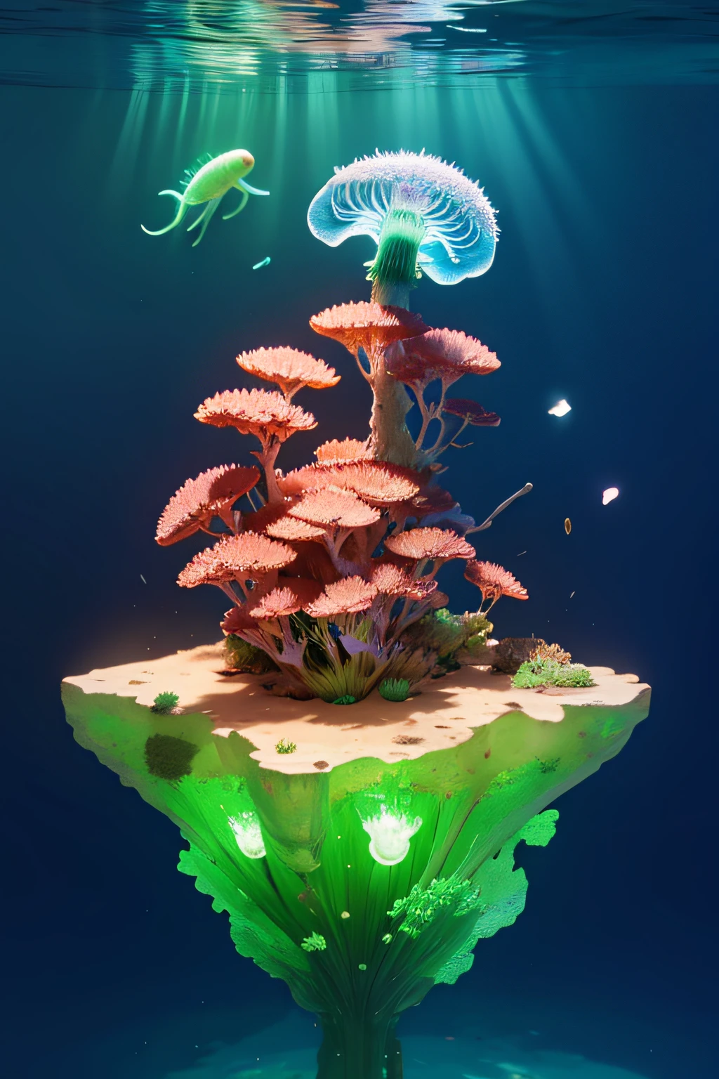 Masterpiece, best quality, (very detailed CG unity 8k wallpapers), (best quality), (best illustrations), (best shadows), marine theme with natural elements. Tall mangroves, rich marine plants, glowing jellyfish, surrounded by schools of fish, glowing particle effects,, (marine plants), (ocean theme), ((luminous algae)), (coral), ((glowing jellyfish )), ((Glow Creatures in Seawater)), ((Sea Fire)), (((Particle Effect))), Isometric 3D, Octane Rendering, Ray Tracing, Super Detailed