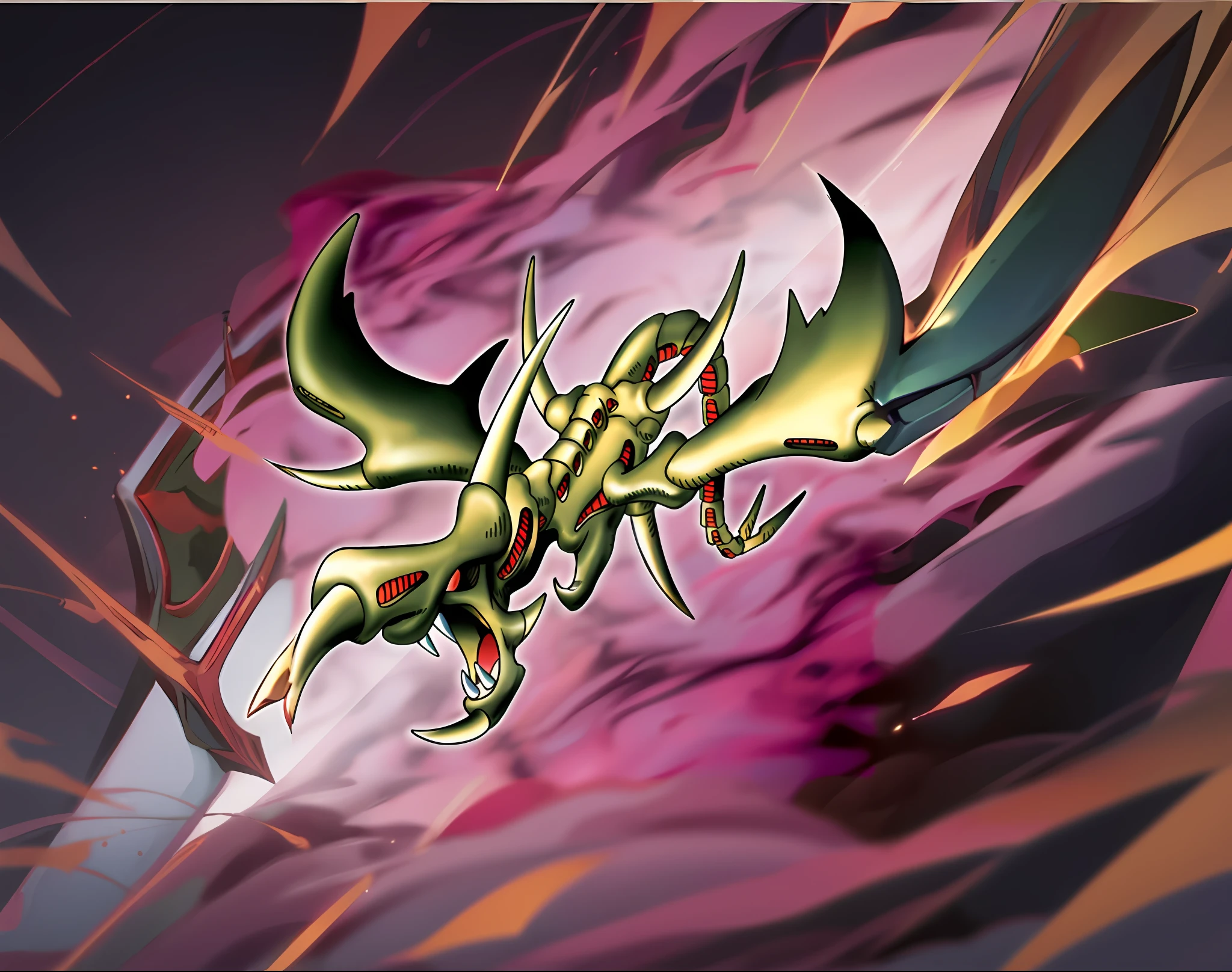 a close up of a dragon with a very large head, slifer the sky dragon, giratina, sharp robot dragon claws, yugioh artwork, yugioh art style, guyver style, yugioh style, robot dragon claws, vegetal dragon cyborg, pterodactyl mecha, xhenomorph, colossal dragon as background