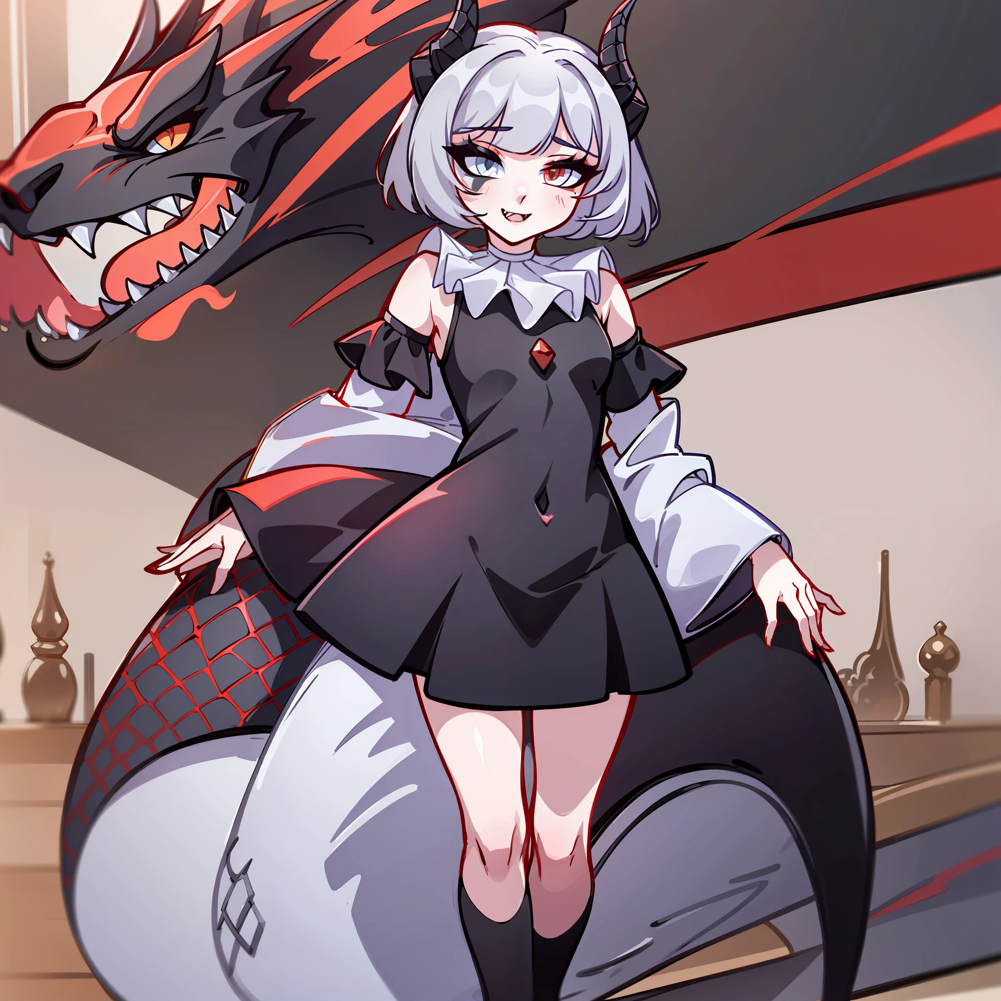 (Best quality: 1.0), (super high res: 1.0), extremely detailed character, detailed Hands, half-dragon girl, horns, scales on the neck, scales on the shoulders, scales on the forearm, scales on the cheek, girl with dragon tail, dragon tail, extremely detailed hair, short hair, ((white hair)), ((black locks)), extremely detailed eyes, eye with different colors, heterochromia, white right eye and black left eye,  dragon eyes, 2d, anime art, ((child)), ((full body)), standing, medieval, rpg, small, cute, fangs