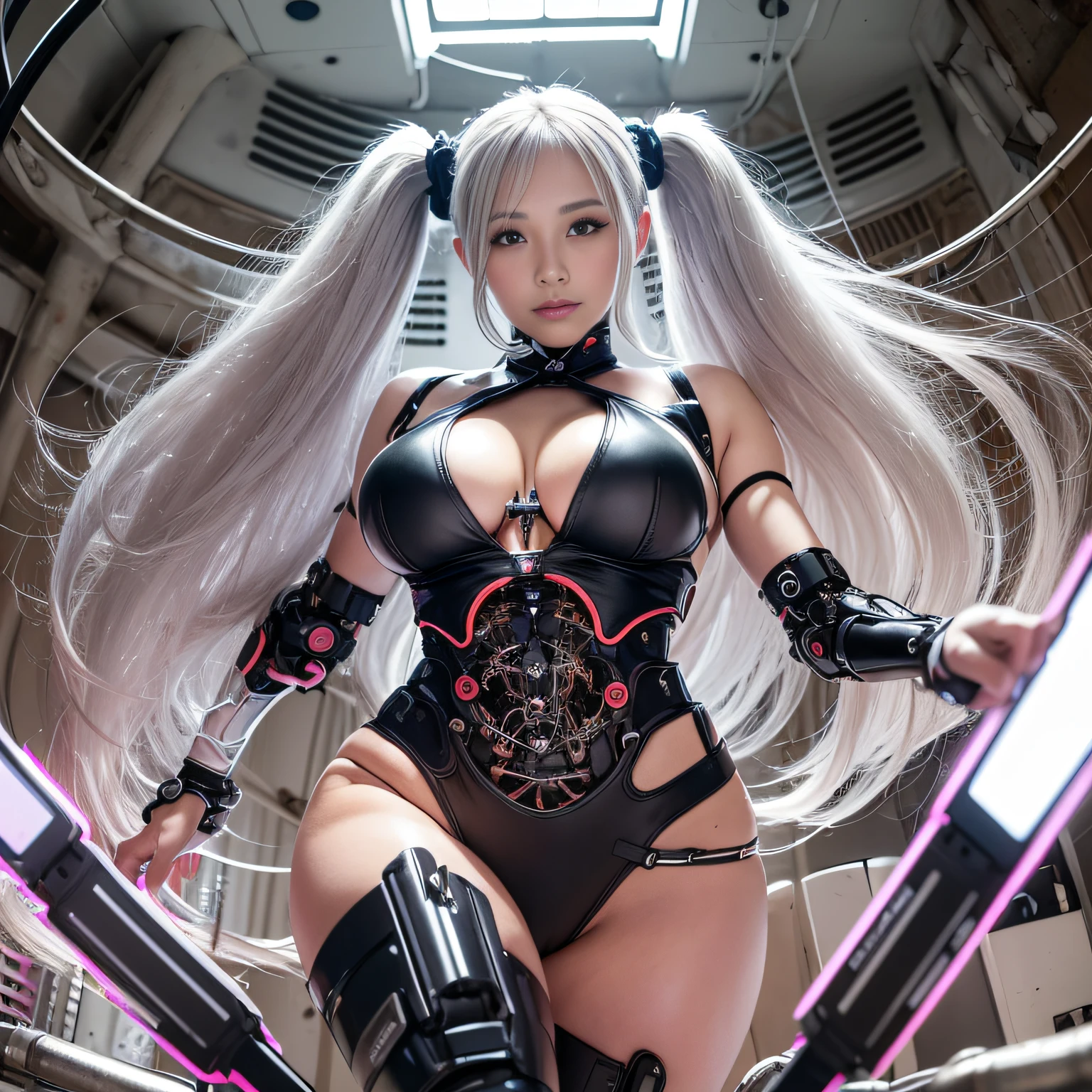 Beautiful Face,face is Japan, 1 Woman, Big, Curvaceous, (16k, RAW photo, top quality, masterpiece: 1.2), (HDR, Realistic, Photorealistic: 1.37) (tube attached to the body), (?????? Cyborg robot parts)))), (light gray hair), Long hair, Wavy hair, Twin tails, Medium shot, ( Seductive smile)), (black eyes), double eyelids, princess cut, from below, (whole body),posing,,in the lab,( tube connected to blood vessel),((mechanical vertebrae attached to the back)),((mechanical neck attached to the neck)),(wire and cable attached to head and body),(character focus),science fiction,perfect female figure,perfect ???????, hyperanatomy, full body shot, relationship between up to 4 fingers and 1 thumb, spherical joint,