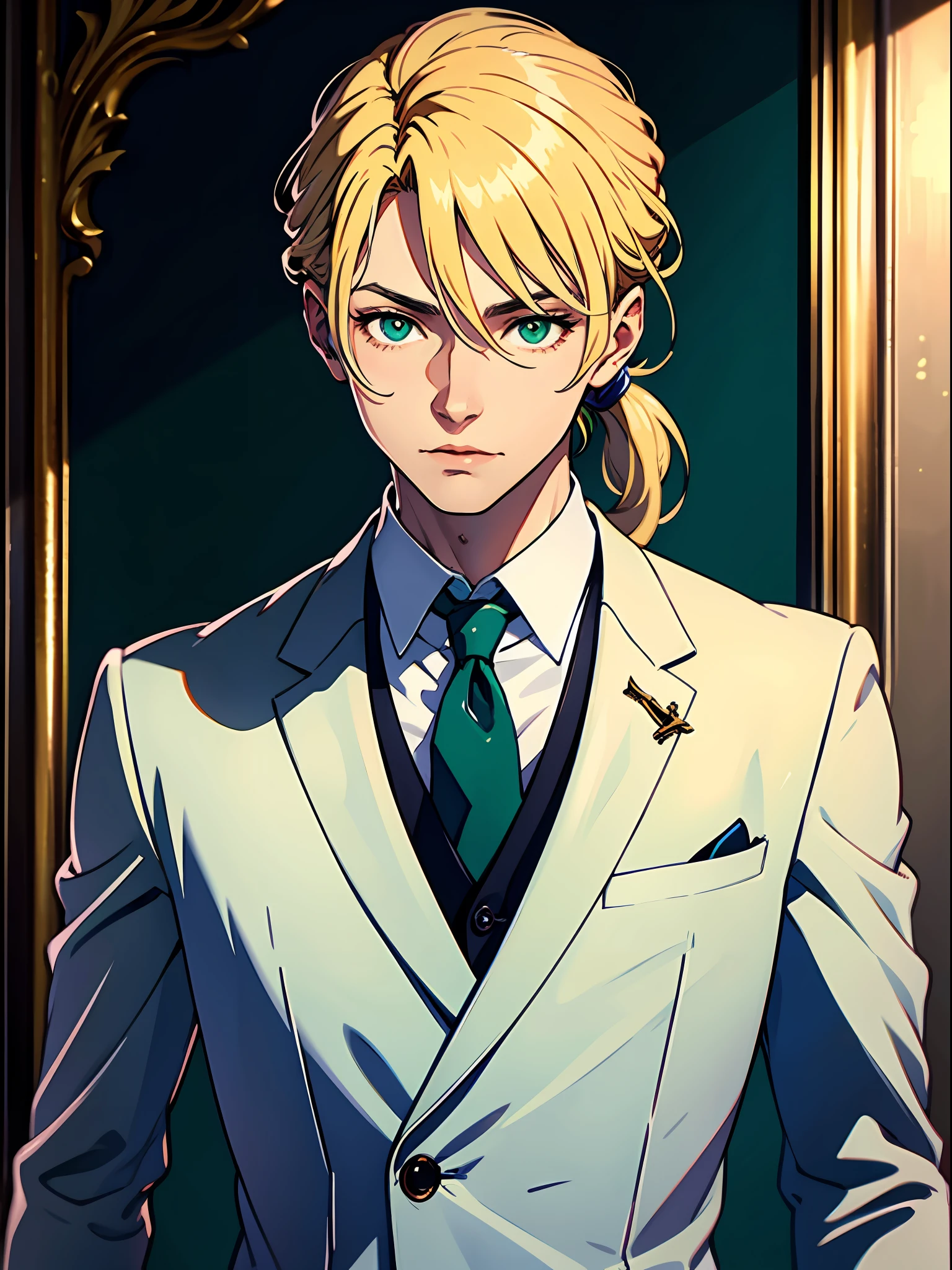 (best quality, masterpiece), 1 man, alone, (blond hair, pulled back in a ponytail), (green eyes, bright pupils, sharp look), aristocratic suit, (luxurious background),