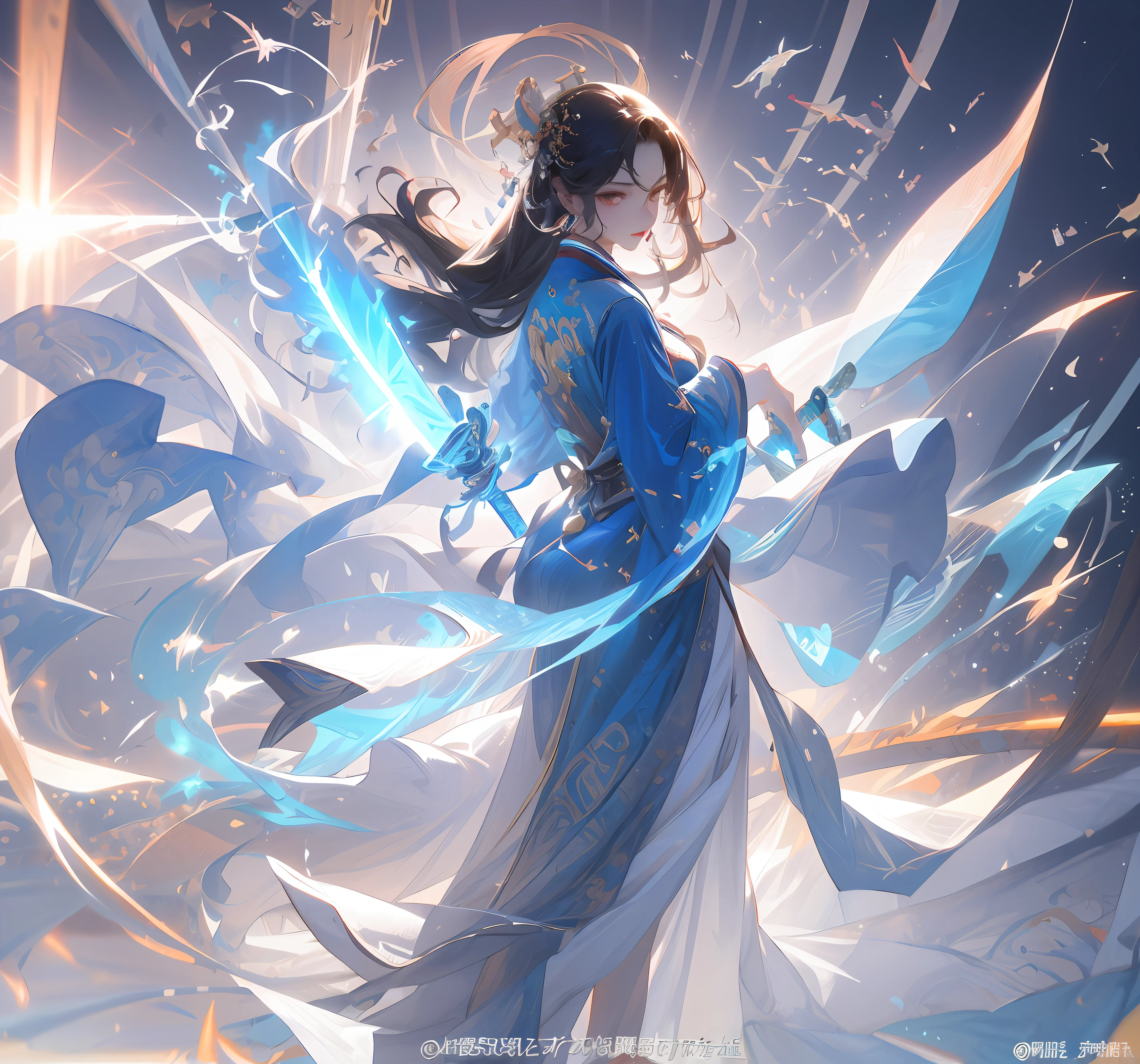 Close-up of a woman holding a sword in a blue dress, Mu Yanling, Queen of the Sea, Asian Female Water Element, Ice Witch, Clear Facial Features, Full Body Immortal, Inspired by Li Meishu, Yang J, Jellyfish Priestess, 3D Rendered Character Art 8K, inspired by Ai Xuan, Beautiful Celestial Mage, Yun Ling