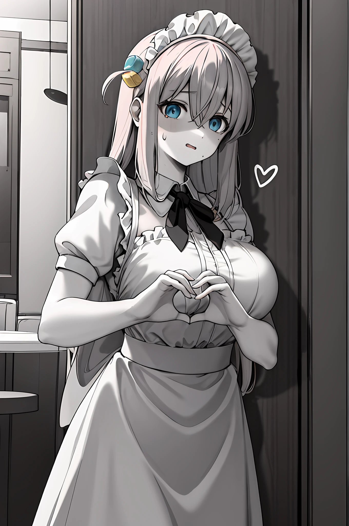 masterpiece, best quality, highres, gotou1, gotou hitori, solo, bangs, hair between eyes, short sleeves, maid, maid headdress, big breasts, standing, restaurant, heart, heart hands, shaded face, sweatdrop, cowboy shot,