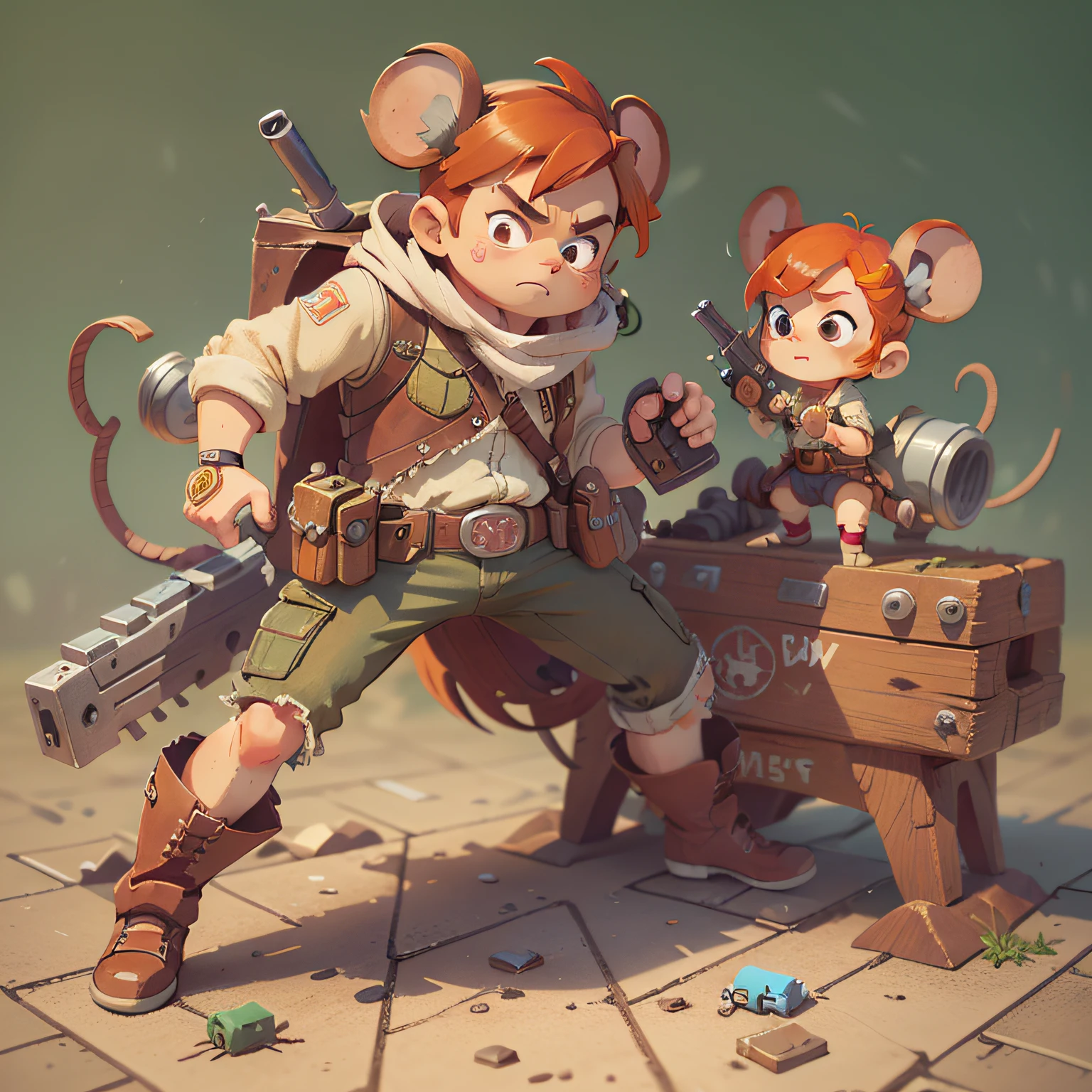 chibi, mouse, cute, cowboy style, action pose, redhead, with two big guns, old wide west, bigbadejo, full body, masterpiece, 3D Rendering, Best Quality, Lots of Detail, (plain background), vinyl toy figurine