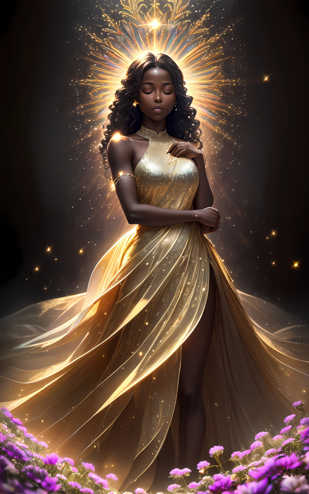 award winning 64k concept art of (dark skin 1girl:1.3) in majestic open dress made of flowers bravely, posing, epic, god rays, centered, upper body, (masterpiece:1.2), (best quality:1.3), Amazing, highly detailed, beautiful, finely detailed, warm soft color grading, Depth of field, extremely detailed 64k, fine art, stunning, iridescent, (shiny:1.2), (light reflections:1.3), (crisp:1.6), silver curls, spring, vibrant, sunlit, (edge detection:1.4), absurdres, impressive, 120mm, outlining, glittering, lights, closed eyes
