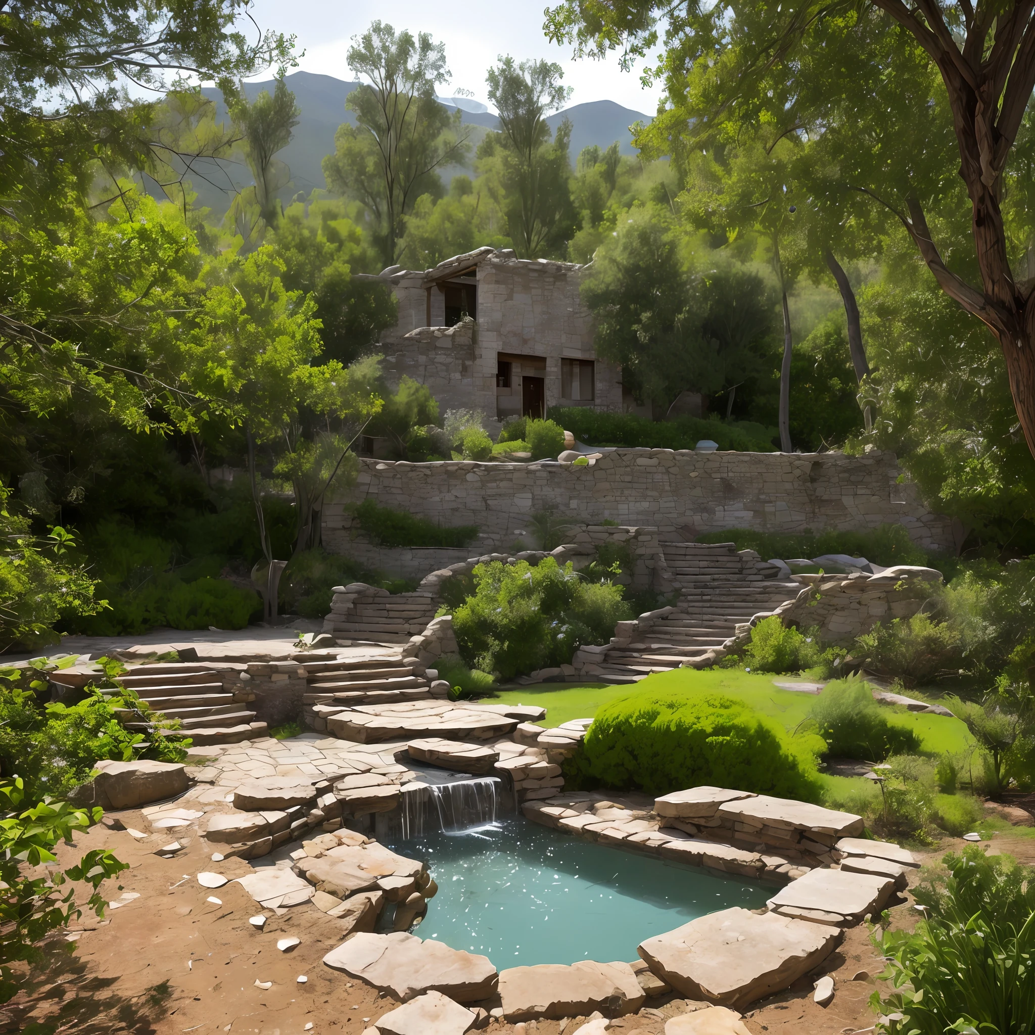 Realistic drawing, Computer visualized graphics, realistic fantasy, Extensive landscape ultra photography (general view showing stone steps to the basement, steps leading to the bottom, a small stone ruined platform, a collapsed fountain, broken wooden railings, a ruined fountain in the form of a bowl below), blurred background, gloomy, blue, dark, purple background, gray, cold, magical, "Majestic mountains," "Lush forests," "Glittering lakes," "Desert dunes, ” “Golden sunsets.”