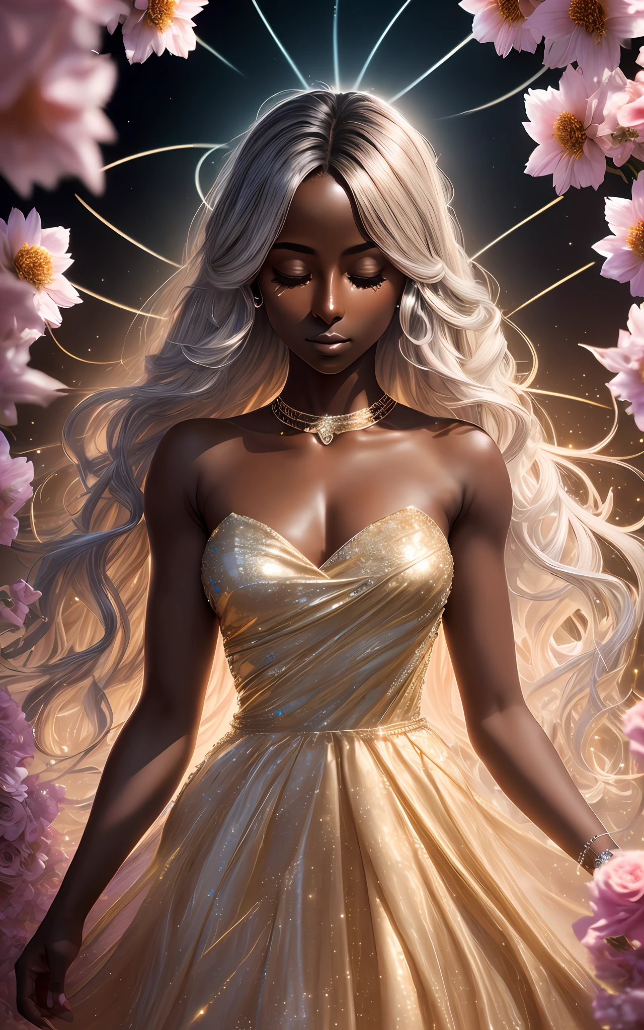 award winning 64k concept art of (dark skin 1girl:1.3) in majestic open dress made of flowers bravely, posing, epic, god rays, centered, upper body, (masterpiece:1.2), (best quality:1.3), Amazing, highly detailed, beautiful, finely detailed, warm soft color grading, Depth of field, extremely detailed 64k, fine art, stunning, iridescent, (shiny:1.2), (light reflections:1.3), (crisp:1.6), silver curls, spring, vibrant, sunlit, (edge detection:1.4), absurdres, impressive, 120mm, outlining, glittering, lights, closed eyes