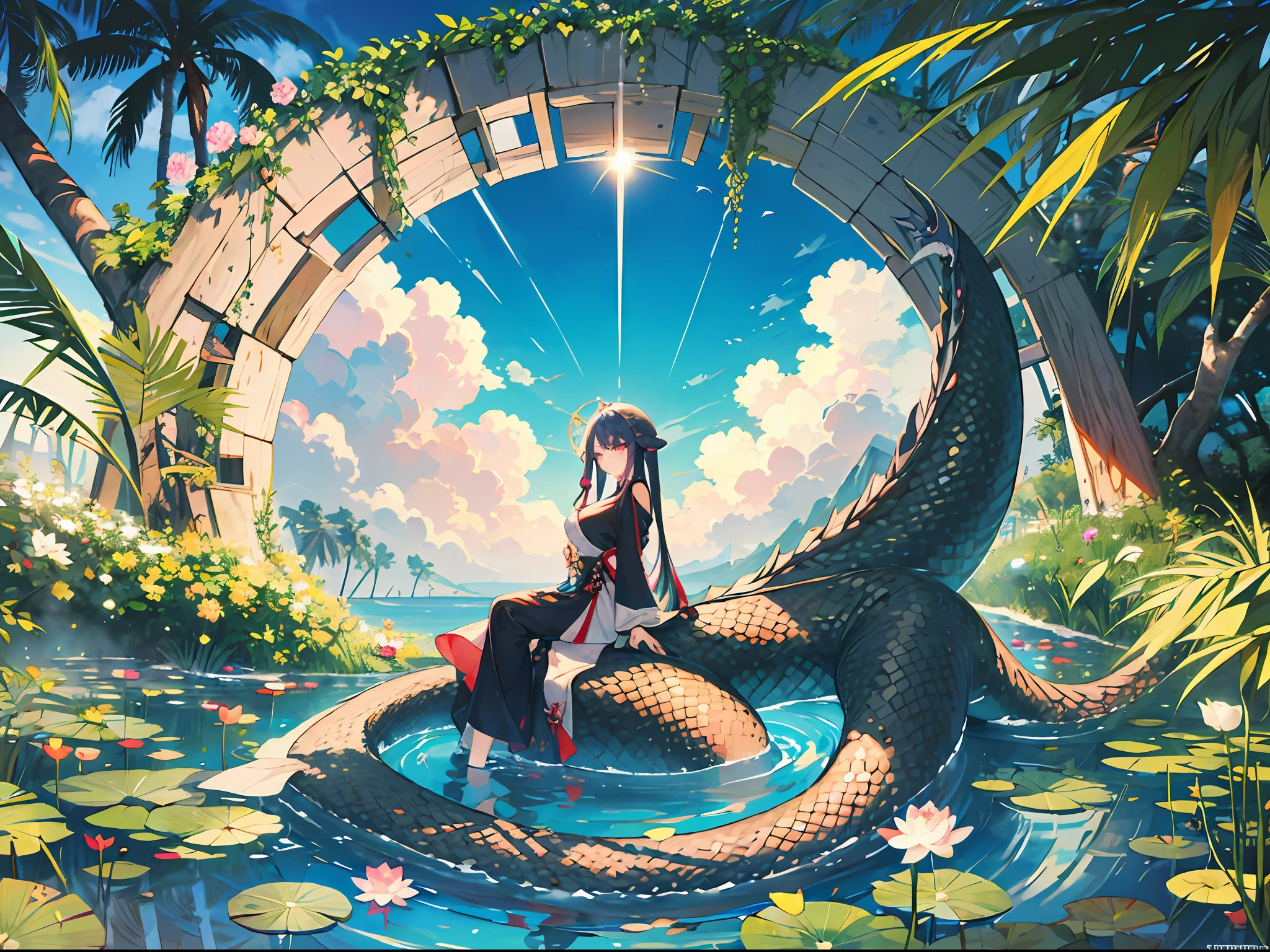 dragon,zhongguolong,Cloud,,lilypad,reflection,lotus,flower,solo,bamboo,outdoors,tree,fromside,scales,ocean,fullbody,sun,palmtree,