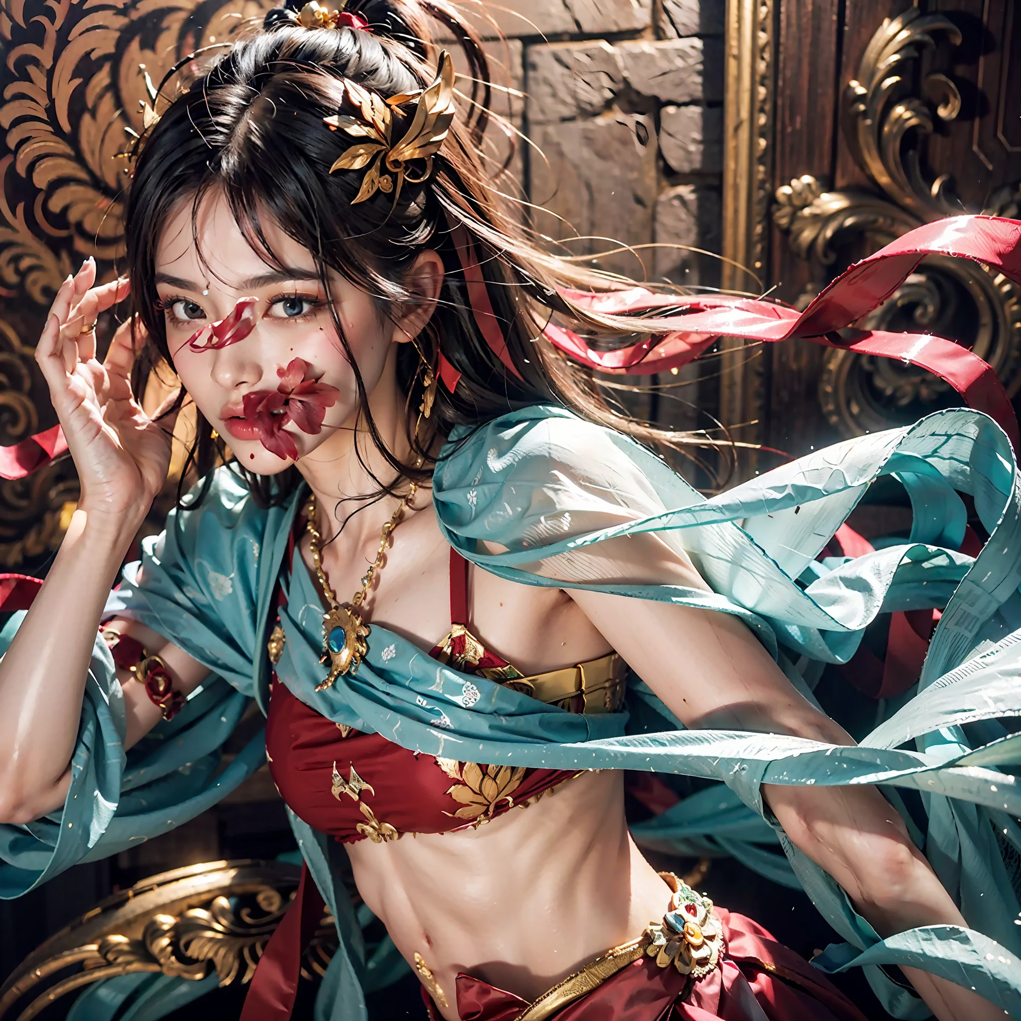 8k, RAW photo, best quality, masterpiece:1.2), (realistic, photo photofidelity:1.4), (very detailed CG Unity 8k wallpaper), a girl, beautiful face, long hair, gradient hair, very detailed, real skin, mature woman, (milf: 1.5), (solo), (long floating hair), jewelry in hair, very detailed, (dancing: 1.4), (floating ribbon: 1.6), wind, (style swirl magic: 1.1) , dreamy, spectacular, (fog: 1.4), solo, right human body, ((right hand mechanism)), clear fingers, five fingers, Buddhist totem background, murals, beauty map, beautiful face, clear facial features, very detailed, high detail, full body