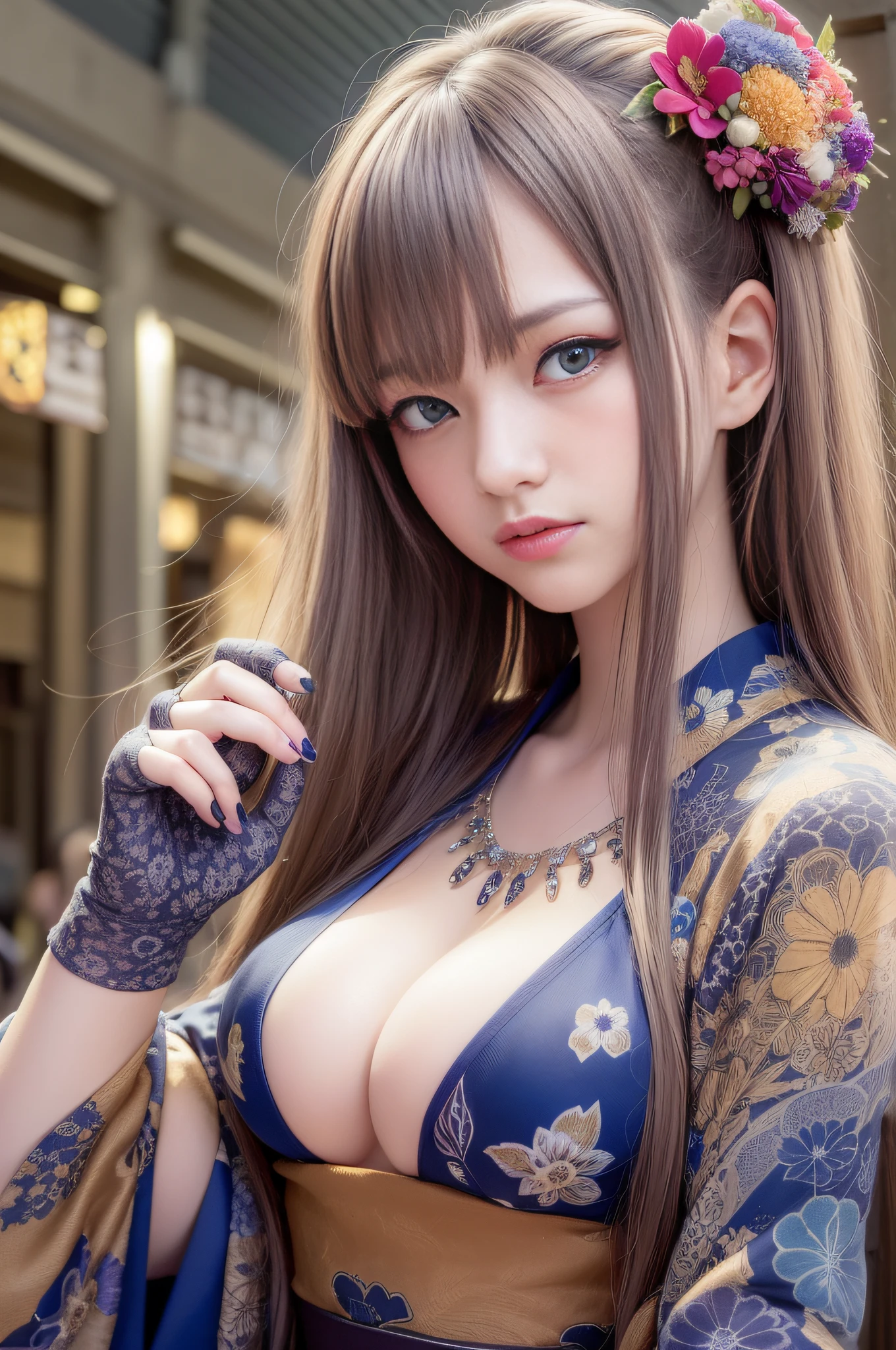 Beautiful woman, ((masterpiece: 1.4, best quality: 1.2)), sexy, ultra-realistic, blue eyes, very long hair, wearing a yukata, five fingers, summer festival night, enchanted eyes, face come closer