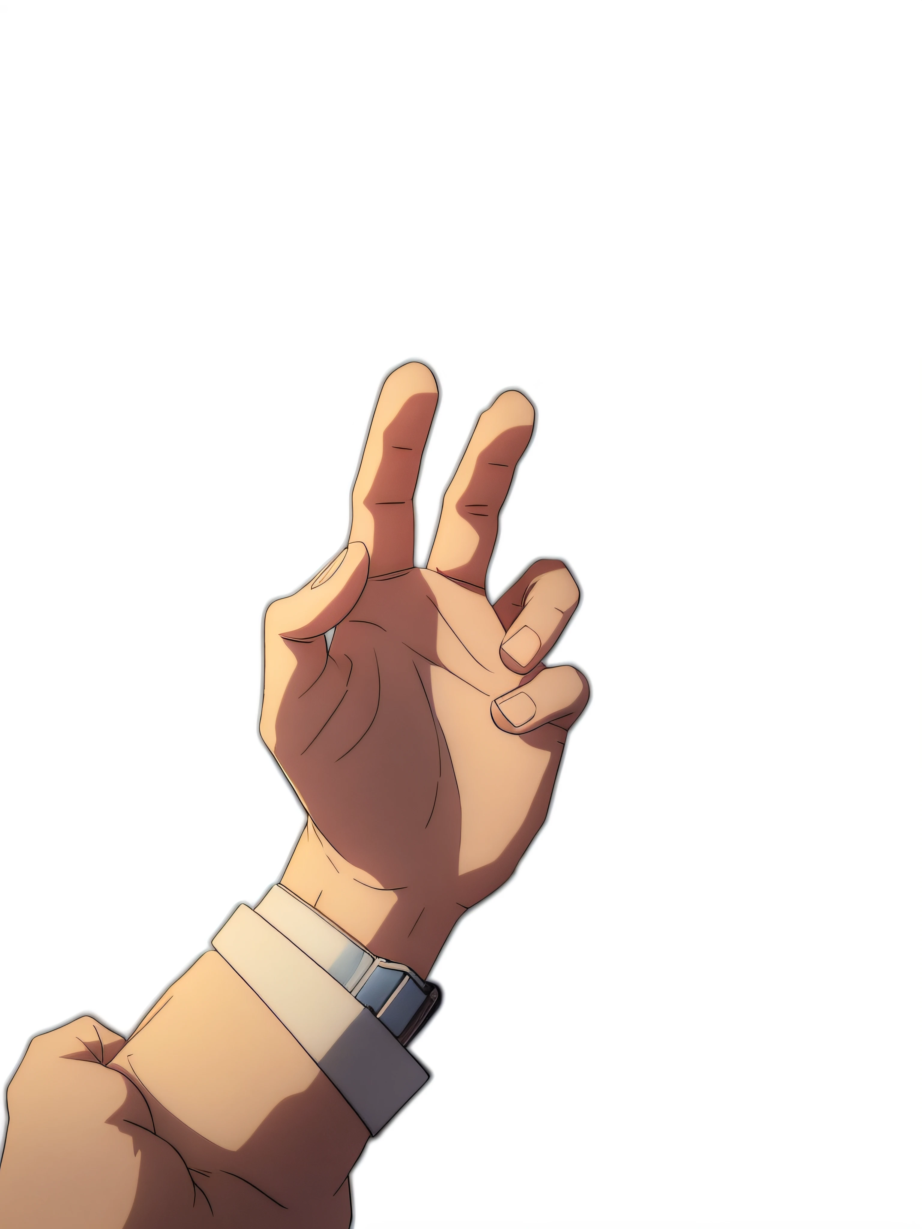 someone is holding their hand up in the air with a wrist, heavy gesture style closeup, with index finger, hand gesture, hand gestures, low - poly hands, gesture, high detail of a hand, solemn gesture, accurate fingers, raised hand, simpe hands, realistic hand, without text, corrected hand, high quality detailed anime, clean detailed anime style