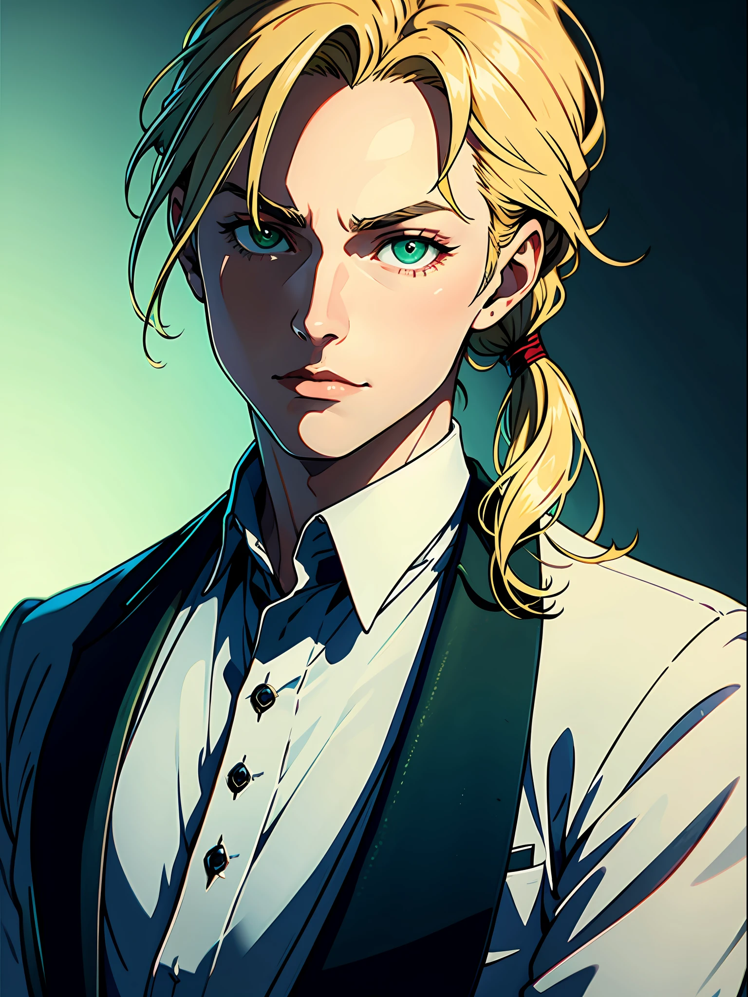 (best quality, masterpiece), 1 man, alone, (blond hair, pulled back in a ponytail), (green eyes, bright pupils, sharp look), aristocratic suit, (luxurious background),