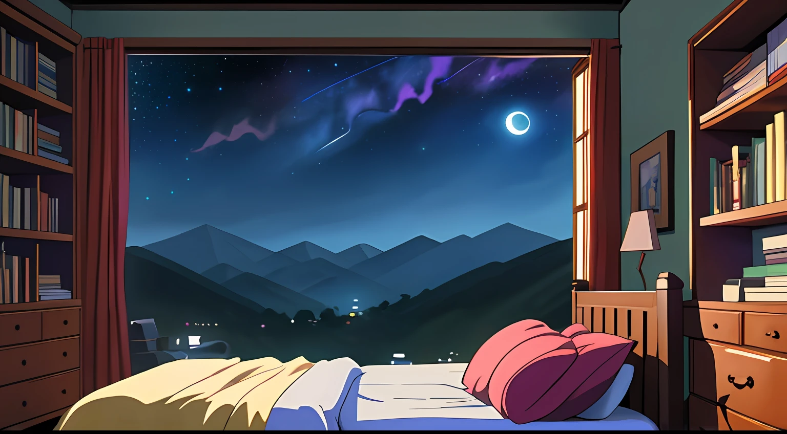 Messy room, bed in the center of the room, bookcase with books, cozy, night weather, starry sky, moonlight, landscape with mountains, window, ,anime style, anime, Ghibli-like colours, HD, high quality, high details, super detail, masterpiece