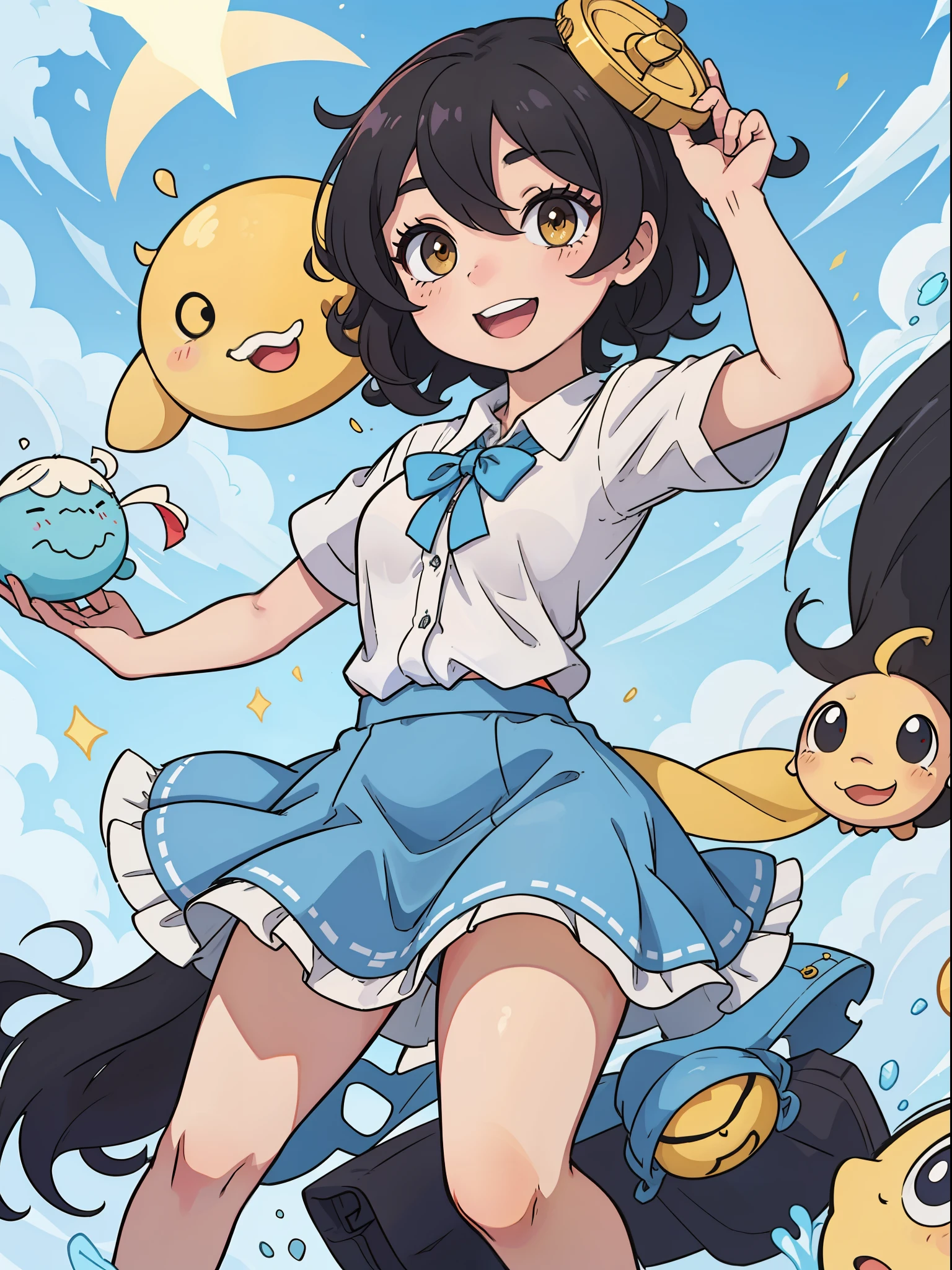 Two-dimensional, a loli, black hair, hair between eyes, short curly hair, yellow eyes, bright and godly big eyes, smile, small breasts, cute and lively, white shirt, blue strap skirt
