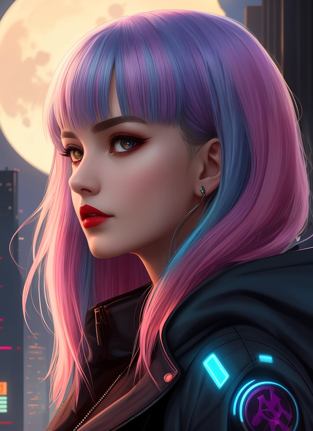 lucy \(cyberpunk\), 1girl, bangs, blue hair, colored tips, close up, from side, grey eyes, jacket, long sleeves, looking at viewer, medium hair, moon, multicolored hair, parted bangs, parted lips, pink hair, portrait, red eyeliner, red lips, solo, white jacket, cyberpunk \(series\), cyberpunk edgerunners