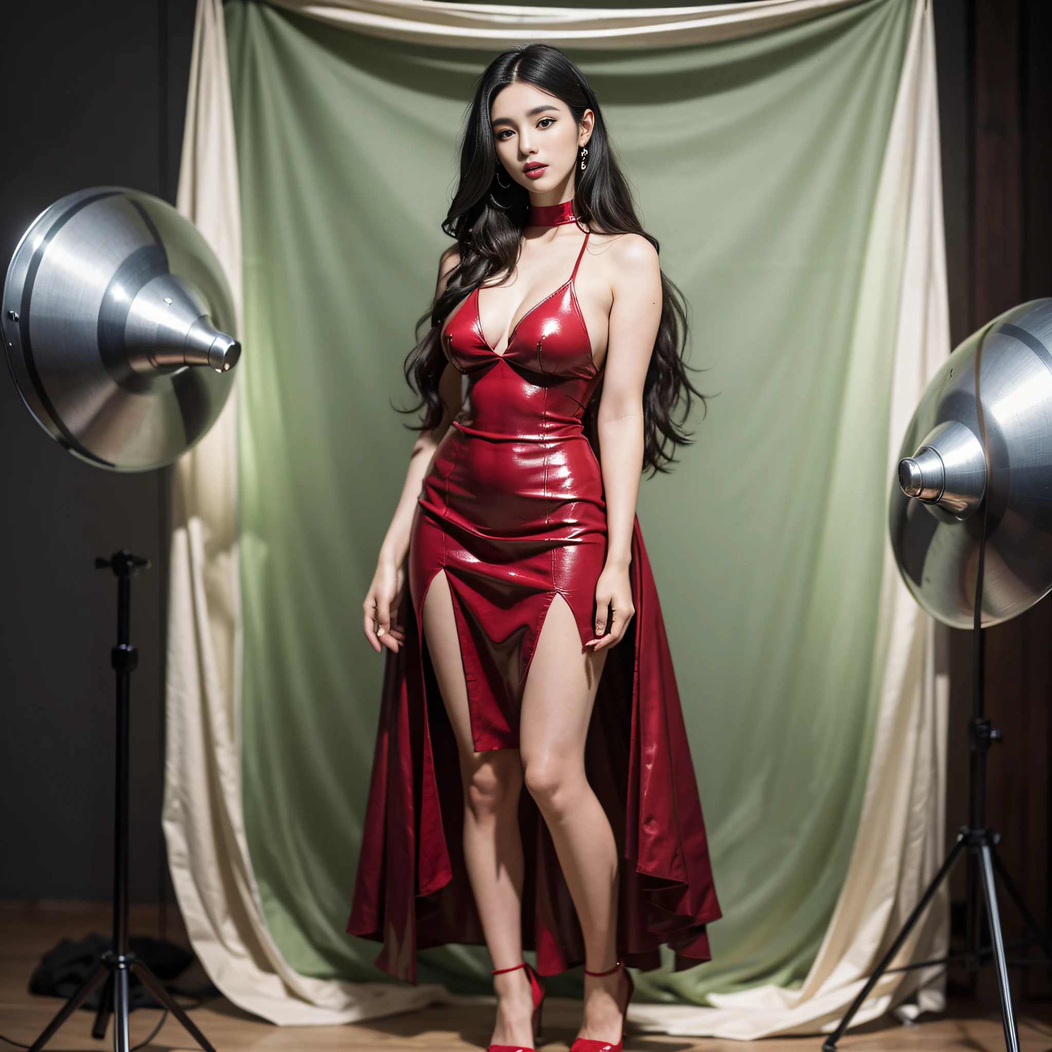 (masterpiece), (highest quality), (realistic), perfect face, perfect eyes, beautiful nose, perfect mouth, perfect proportions, fashion model, photo studio shooting, natural lighting, 20 years old, beautiful woman, long hair, standing, front full body, attractive face, red lips, red high heels, face length and neat face,