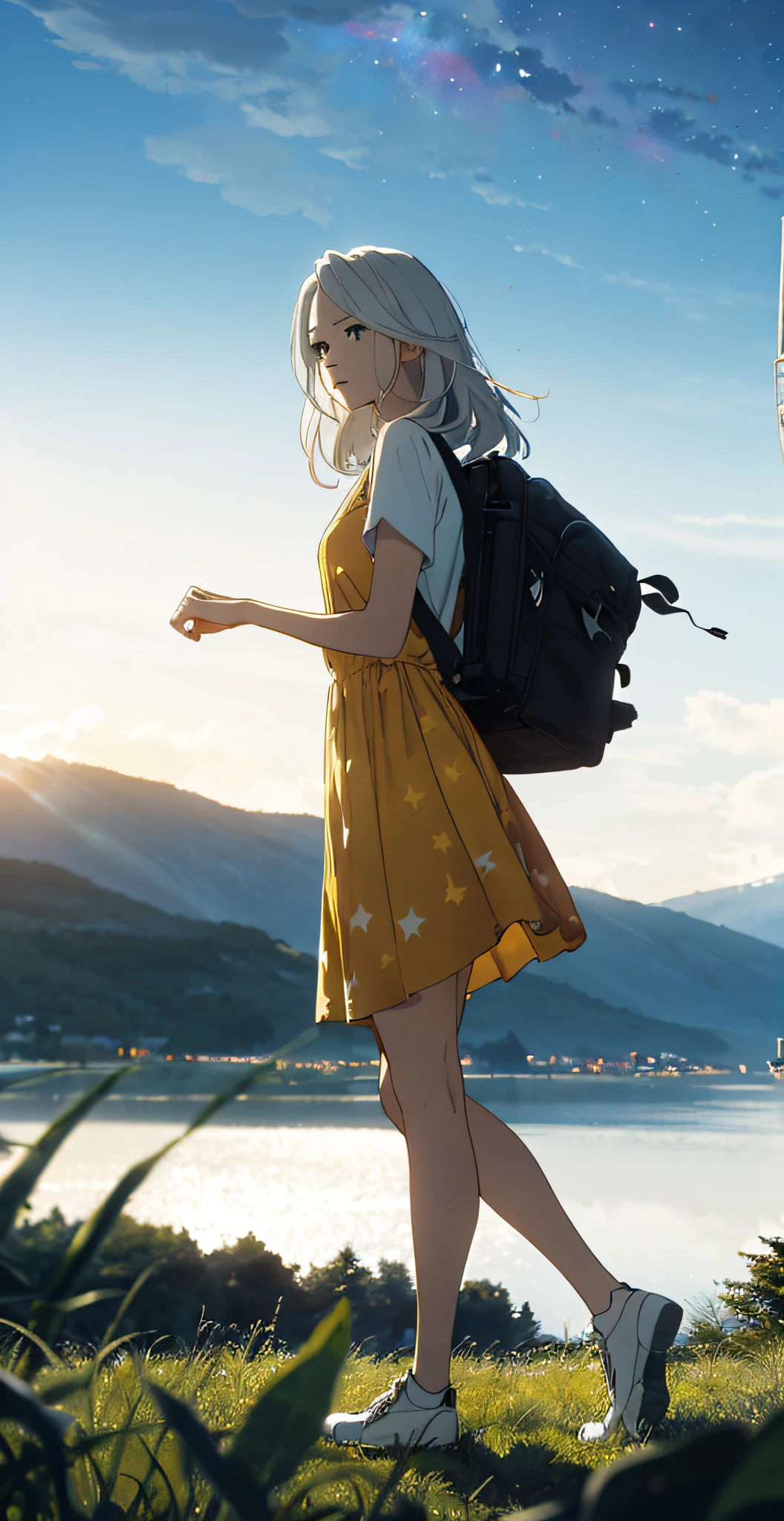 (beautiful skyline, magnificent sky), (very tense and dramatic graphics, moving visuals), (hanging north star, colorful natural light), (1girl), (yellow dress, long white hair, slender legs, small white shoes, carrying a backpack), (dynamic pose: 1.3, black eyes, black hime-cut hair) [:0.8], (large grassland), (oncoming breeze, A majestic mountain in the distance is suspended in the air), (white hair and background coordination: 1.2), (close-up, long shot mashup) [::0.9]
