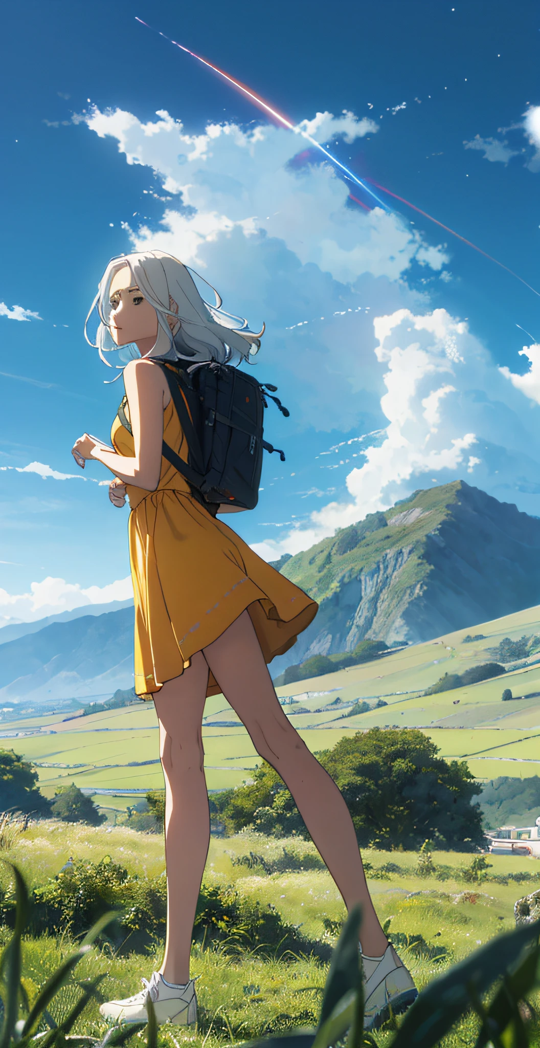 (beautiful skyline, magnificent sky), (very tense and dramatic graphics, moving visuals), (hanging north star, colorful natural light), (1girl), (yellow dress, long white hair, slender legs, small white shoes, carrying a backpack), (dynamic pose: 1.3, black eyes, black hime-cut hair) [:0.8], (large grassland), (oncoming breeze, A majestic mountain in the distance is suspended in the air), (white hair and background coordination: 1.2), (close-up, long shot mashup) [::0.9]