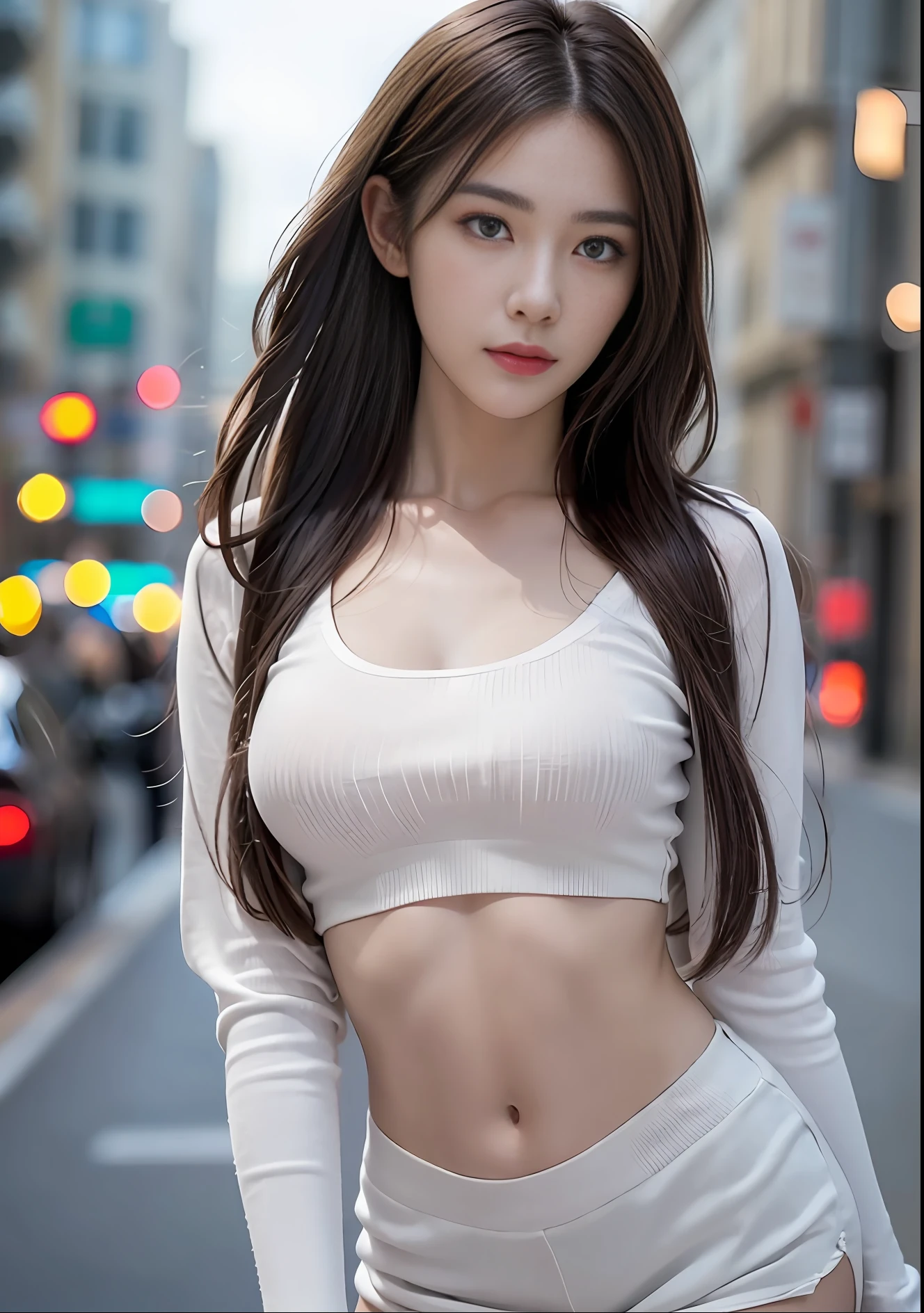 ((Realistic lighting, top quality, 8K, Masterpiece: 1.3)), Clear focus: 1.2, 1 girl, perfect body beauty: 1.4, sexy body, slim abs: 1.1, ((dark brown hair, large: 1.3)), (acceleration: 1.4), (outdoors, night: 1.1), street, slender face, narrow eyes, double eyelids, exposed, incredibly ridiculous, messy hair, floating hair, long-sleeved t-shirt, fashion model pose,