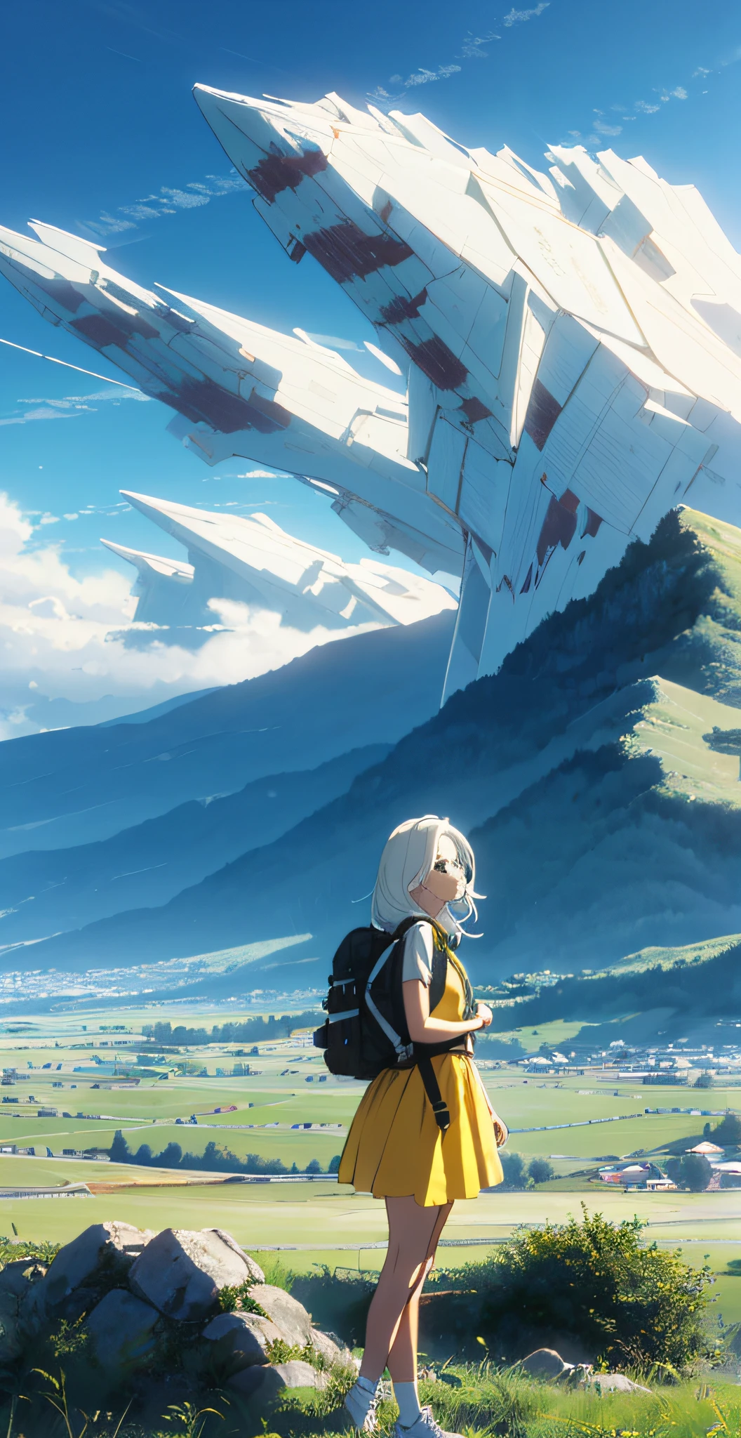 (beautiful skyline, magnificent sky), (very tense and dramatic graphics, moving visuals), (hanging north star, colorful natural light), (1girl), (yellow dress, long white hair, slender legs, small white shoes, carrying a backpack), (dynamic pose: 1.3, black eyes, black hime-cut hair) [:0.8], (large grassland), (oncoming breeze, A majestic mountain in the distance is suspended in the air), (white hair and background coordination: 1.2), (close-up, long shot mashup) [::0.9]