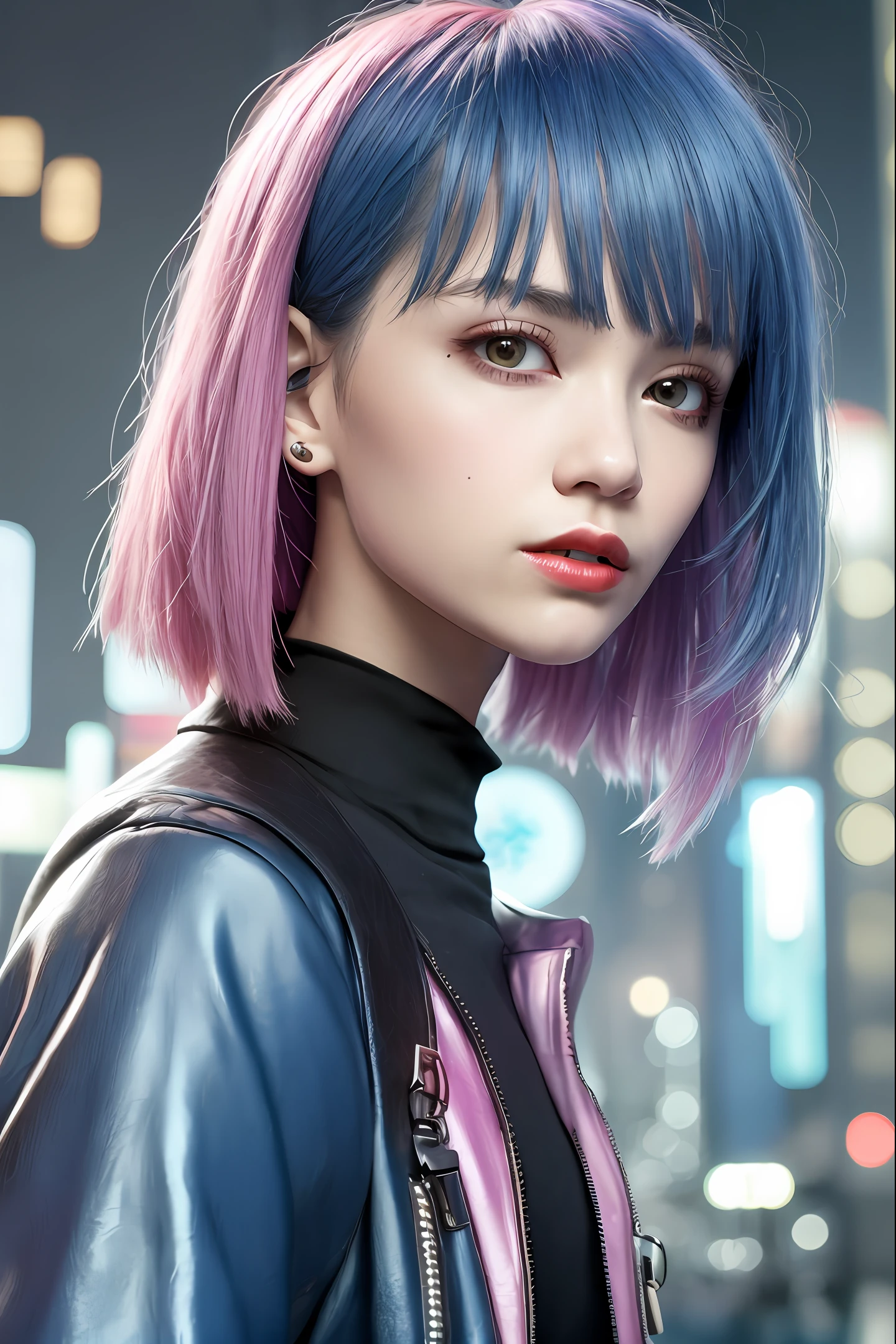 lucy \(cyberpunk\), 1girl, bangs, blue hair, colored tips, close up, from side, grey eyes, jacket, long sleeves, looking at viewer, medium hair, moon, multicolored hair, parted bangs, parted lips, pink hair, portrait, red eyeliner, red lips, solo, white jacket, cyberpunk \(series\), cyberpunk edgerunners