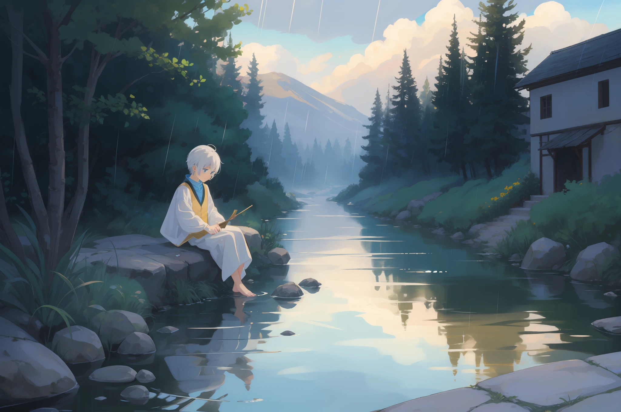 (8k), barefoot white-haired blue-eyed little Shota in flowing white, sitting on a stone, small stream flowing, smoke and rain, diffuse, brightly colored, golden section, 2D