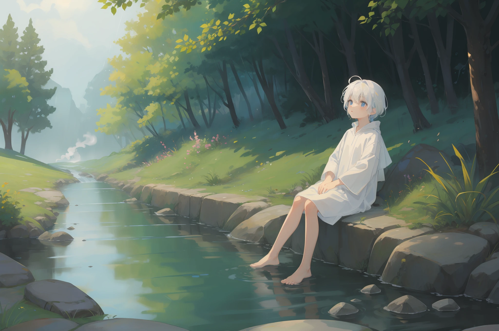 (8k), barefoot white-haired blue-eyed little Shota in flowing white, sitting on a stone, small stream flowing, smoke and rain, diffuse, brightly colored, golden section, 2D