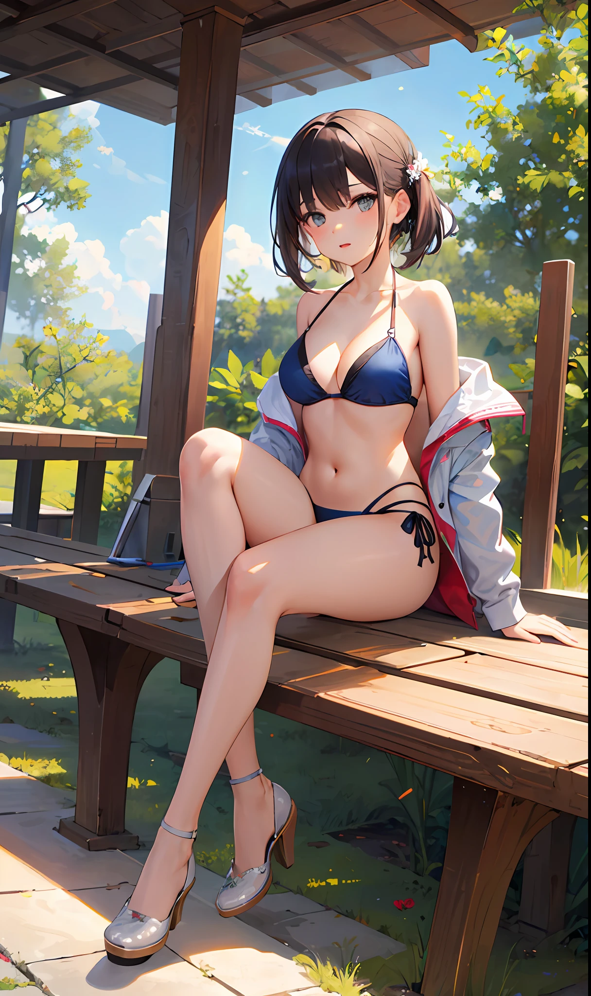 ((Masterpiece, Excellent)), (1girl) Bikini beauty sitting with her legs spread apart