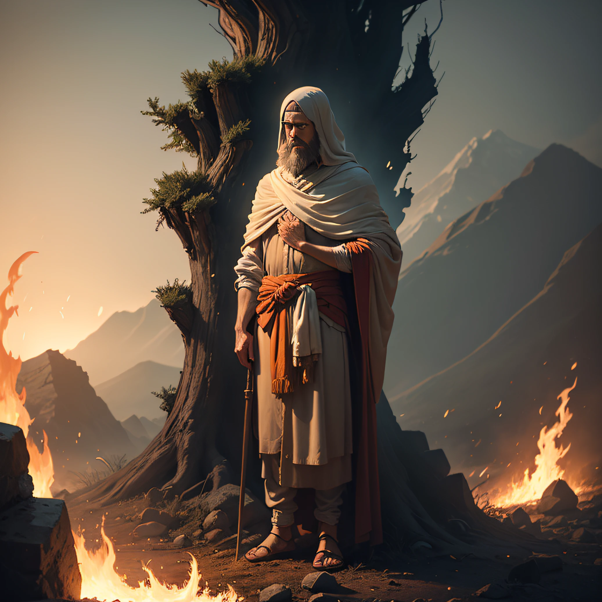 Describe the scene in which Moses stands before the burning bush that, even in flames, is not consumed. How does Moses react to this vision? What might he be thinking or feeling at that moment? Also describe the surrounding environment and any other element that can enrich the scene. --auto