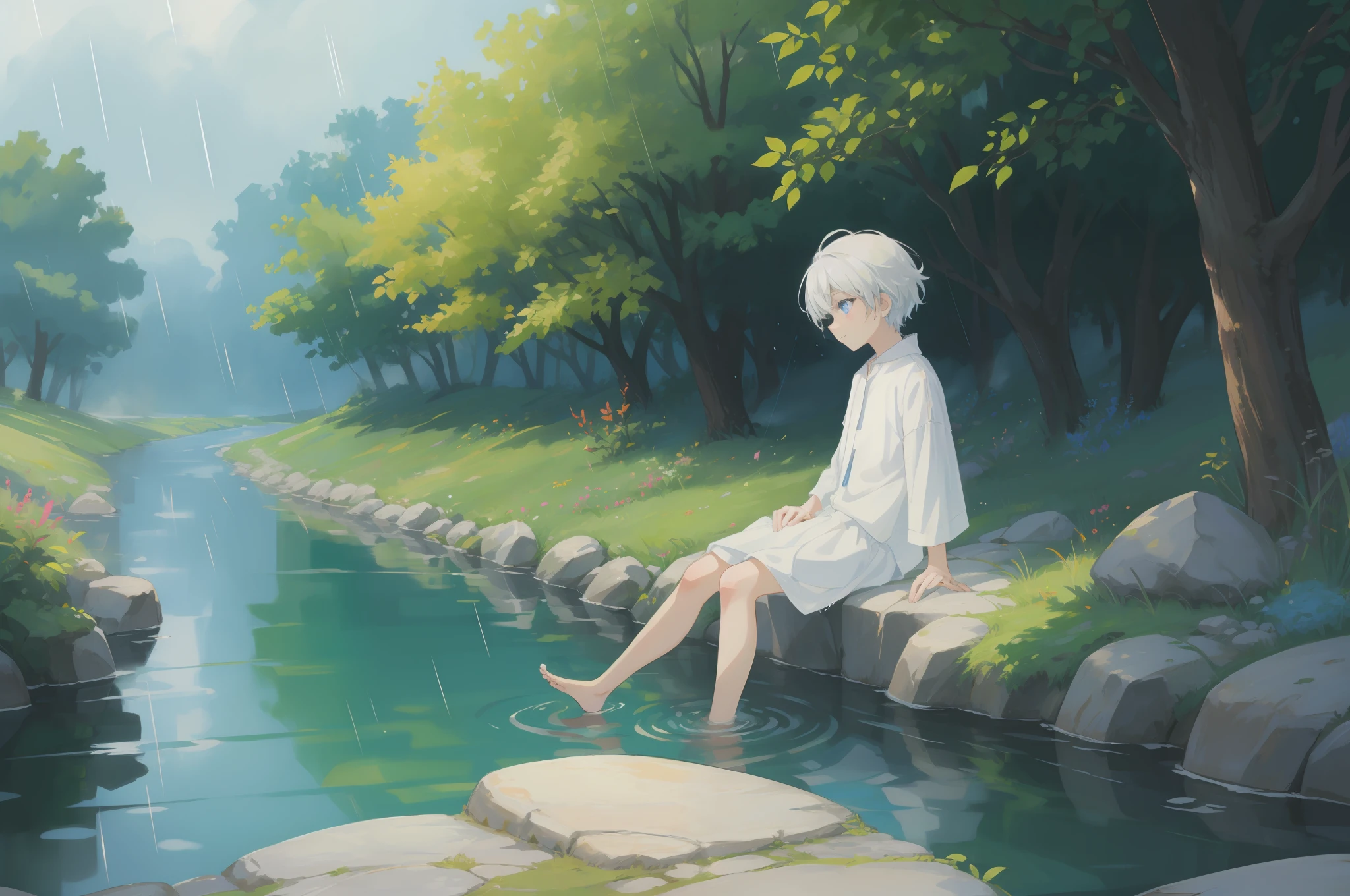 (8k), barefoot white-haired blue-eyed little Shota in flowing white, sitting on a stone, small stream flowing, smoke and rain, diffuse, brightly colored, golden section, 2D