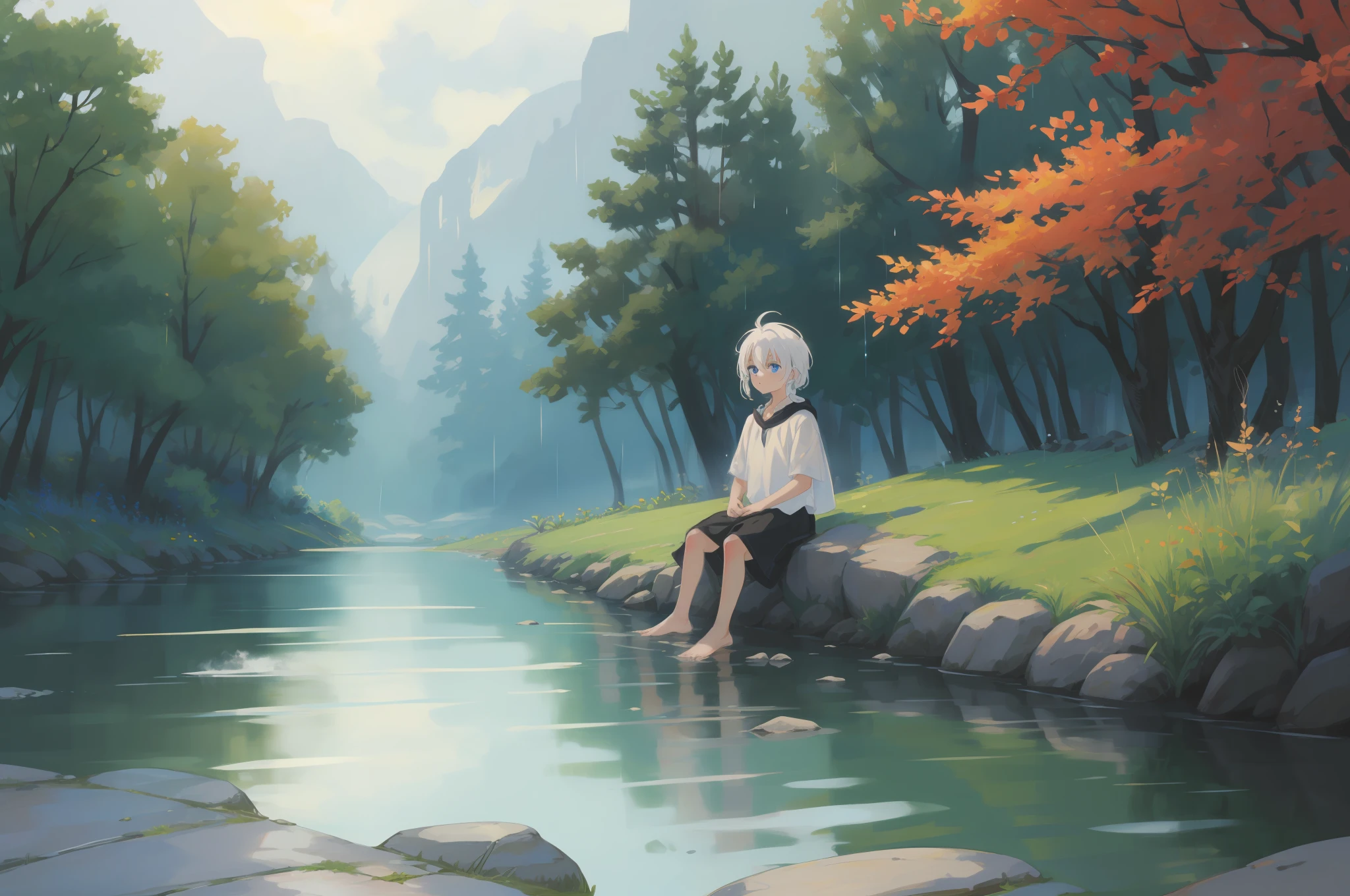 (8k), barefoot white-haired blue-eyed little Shota in flowing white, sitting on a stone, small stream flowing, smoke and rain, diffuse, brightly colored, golden section, 2D