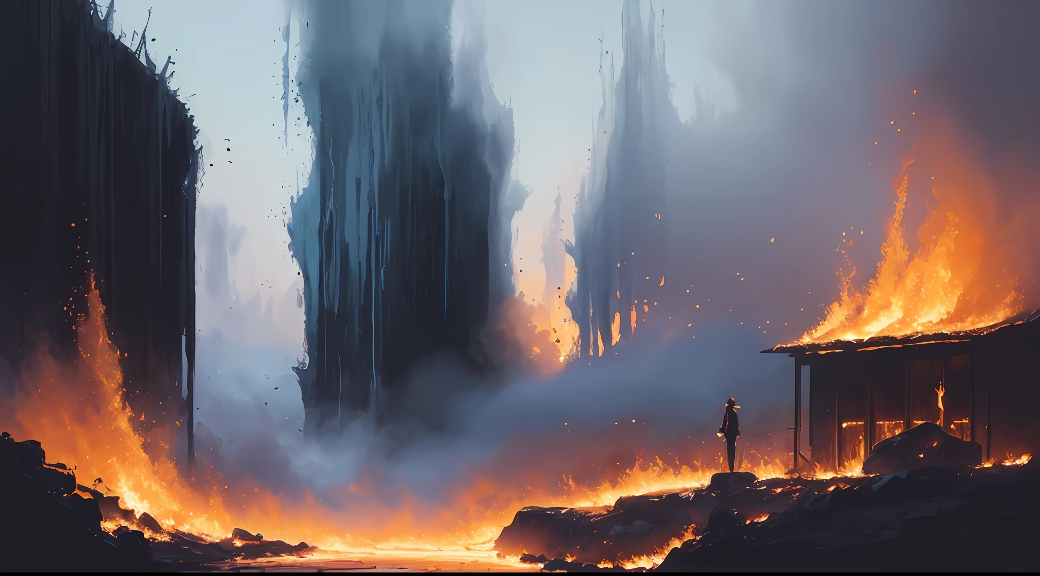 Extremely tense anime fire: human, drinking coffee in a building on fire in the background, superb playing card borders, random color art, oil painting, blue-yellow, light purple and purple additions, light red additions, intricate details, splash screen, 8k resolution, masterpiece, artstation digital painting smooth black ink flow: 8k resolution realistic masterpiece: intricate fluid gouache: Jean Baptiste Mongue: calligraphy: acrylic: watercolor art, professional photography, Natural daylight, volumetric lighting minimalist photography illustration: Marton Bobzert: complex, elegant, vast, dreamy, vibrant