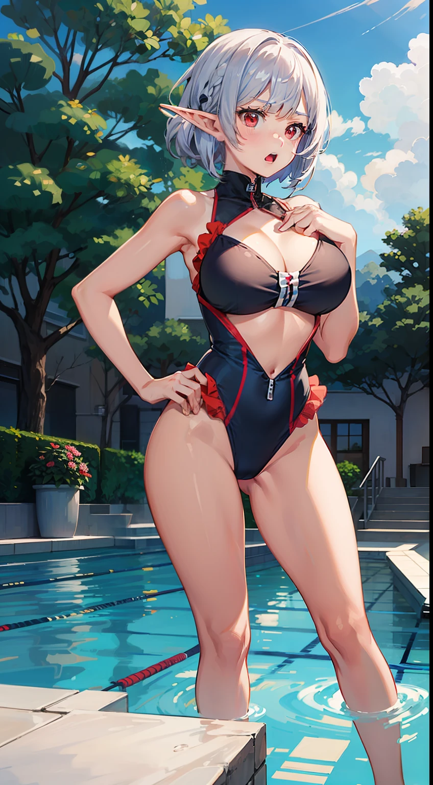((Put your hands on your chest)), ((surprised)), (Red face), 1 girl's full body, Elf, Silver hair, Red eyes, Braided hair, Bob cut, Swimwear, One piece swimsuit, Ruffles, Pool, TS, Concept art, Beautiful anime scene, Beautiful anime scenery, Best quality, Masterpiece, 4K