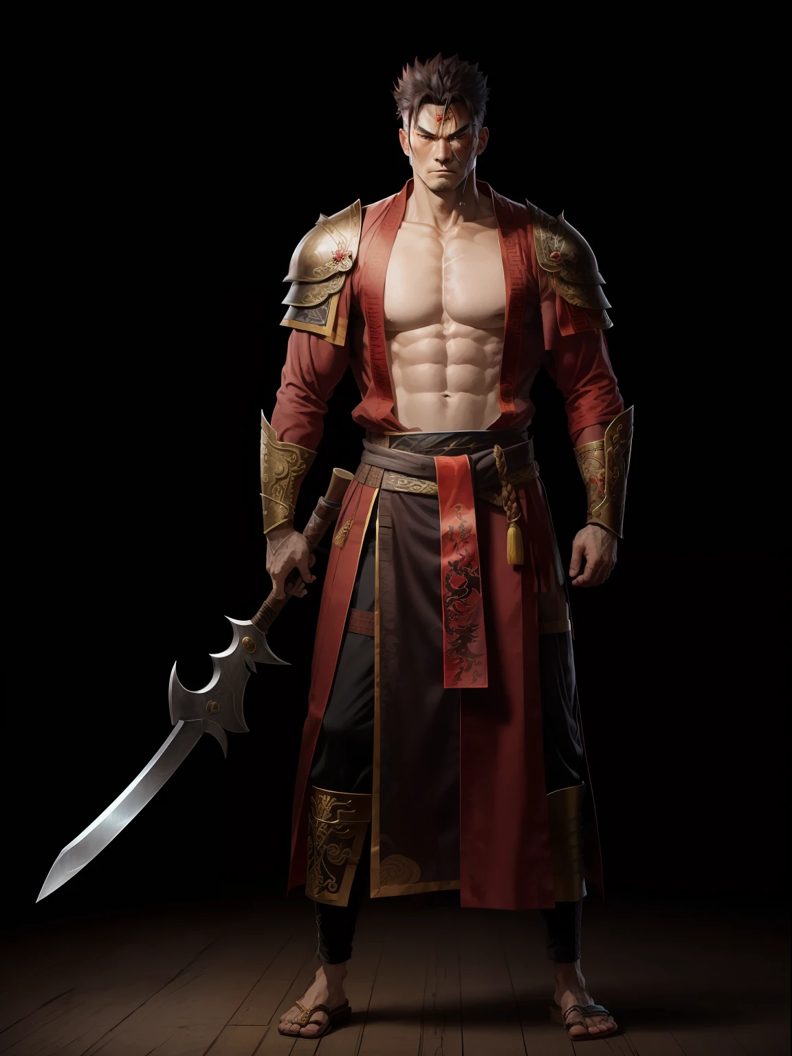 中国人，40岁，宋代服饰，手拿红缨枪， typically dresses in a warrior's attire, donning a dark, sturdy robe or armor. His clothing is practical and designed for combat, with ample flexibility and protection. He wears a belt adorned with various weapons, emphasizing his proficiency in martial skills. A scar or two on his face may serve as a reminder of his past battles and the hardships he has endured.