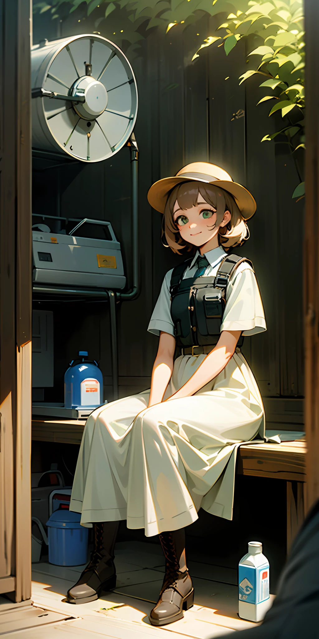 ((high quality)), ((masterpiece)), 8k, 2girls, bulletproof vest, light, extremely detailed CG unity 8k wallpaper, game cg, absurd, high resolution, super detailed, (1 girl: 1.3), (messy hair, beautiful delicate eyes, shiny oily skin: 1.1), BREAK, huge sequoia, ancient forest, huge trees, tranquil grove, dappled sun, biodiversity, boots, trousers, light layers, hat, sunscreen, insect repellent,
Sit on the floor
The laundry room was blowing in the wind
The sun was rising and I could see some sparrows
A young girl sits and looks out
Laundry area and water pump can be seen
Light summer dress and bright smile