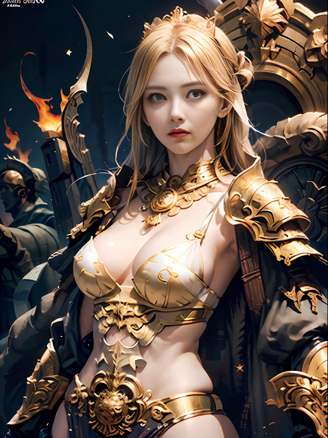 Official Art, Unity 8k wallpaper, ultra detail, masterpiece, best quality, one woman, (very detailed),(RAW photo, best quality),(realistic, photorealistic:1.3),high definition, opening your mouth lightly, ultra-detailed complex 3D rendering of face, (big breasts: 8.8), (highly detailed skin: 1.2), (exposure: 1.1), beautiful caucasian woman with big ass full soft breasts and white skin, (???????), breasts,((beautiful blonde)) , yellow eyes, long hair, ( (clear silk blue micro bikini)), dynamic angle, mystical expression, fire glow effect, fantasy background, rim lighting, side lights, cinematic lights, ultra high definition, 8k , film grain,best shadows, light particles, detailed skin texture, detailed face, golden eyebrows, ultra detail, view viewers, ((Strong armor of gold shining with detail)), cleavage, slender abs, having shining weapons, holding a beautiful shield, Paul Dron, (detailed and ornate crown)), glowing eyes, long purple cloak, fantasy, (realistic),