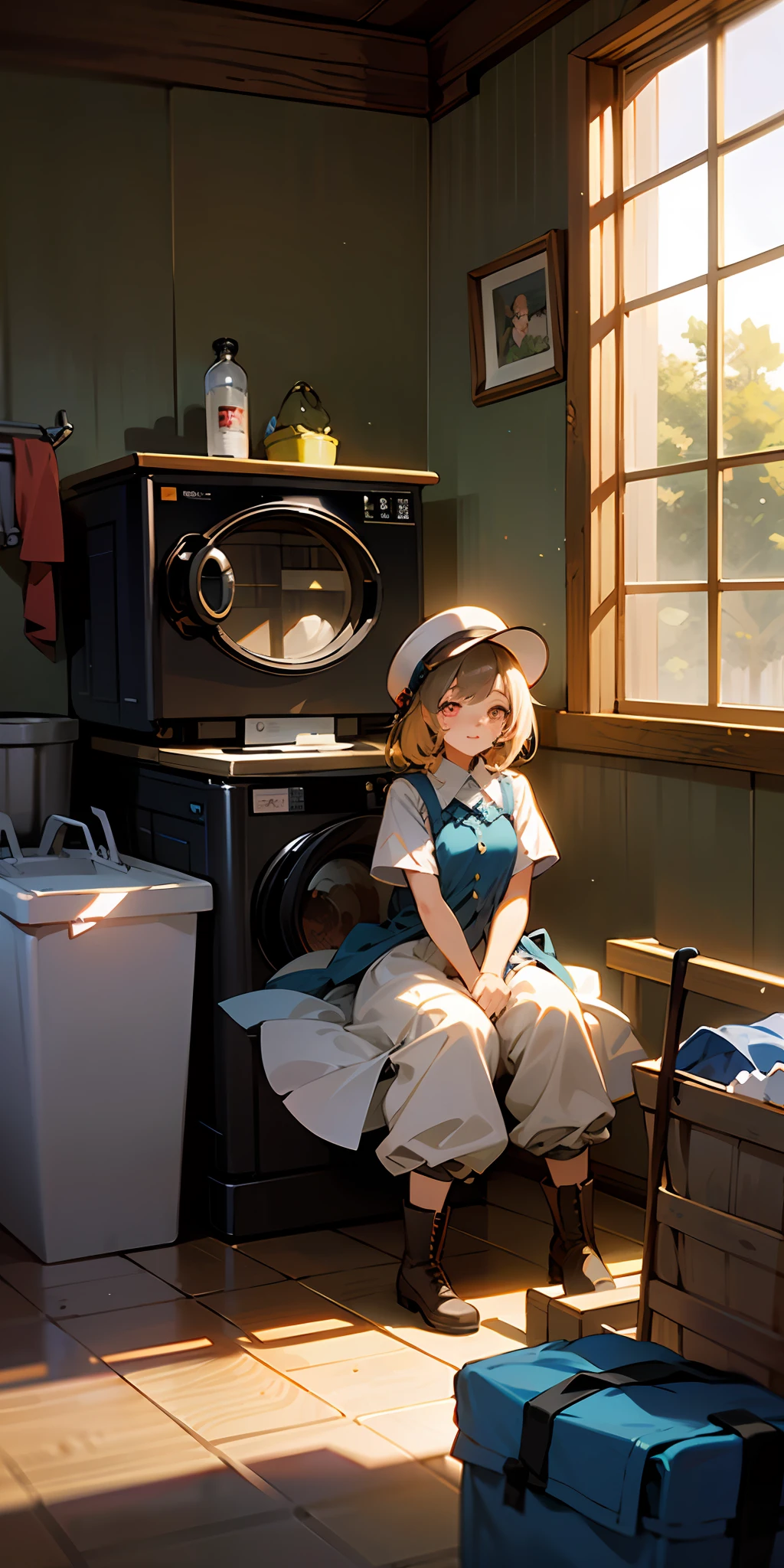 ((high quality)), ((masterpiece)), 8k, 2girls, bulletproof vest, light, extremely detailed CG unity 8k wallpaper, game cg, absurd, high resolution, super detailed, (1 girl: 1.3), (messy hair, beautiful delicate eyes, shiny oily skin: 1.1), BREAK, huge sequoia, ancient forest, huge trees, tranquil grove, dappled sun, biodiversity, boots, trousers, light layers, hat, sunscreen, insect repellent,
Sit on the floor
The laundry room was blowing in the wind
The sun was rising and I could see some sparrows
A young girl sits and looks out
Laundry area and water pump can be seen
Light summer dress and bright smile