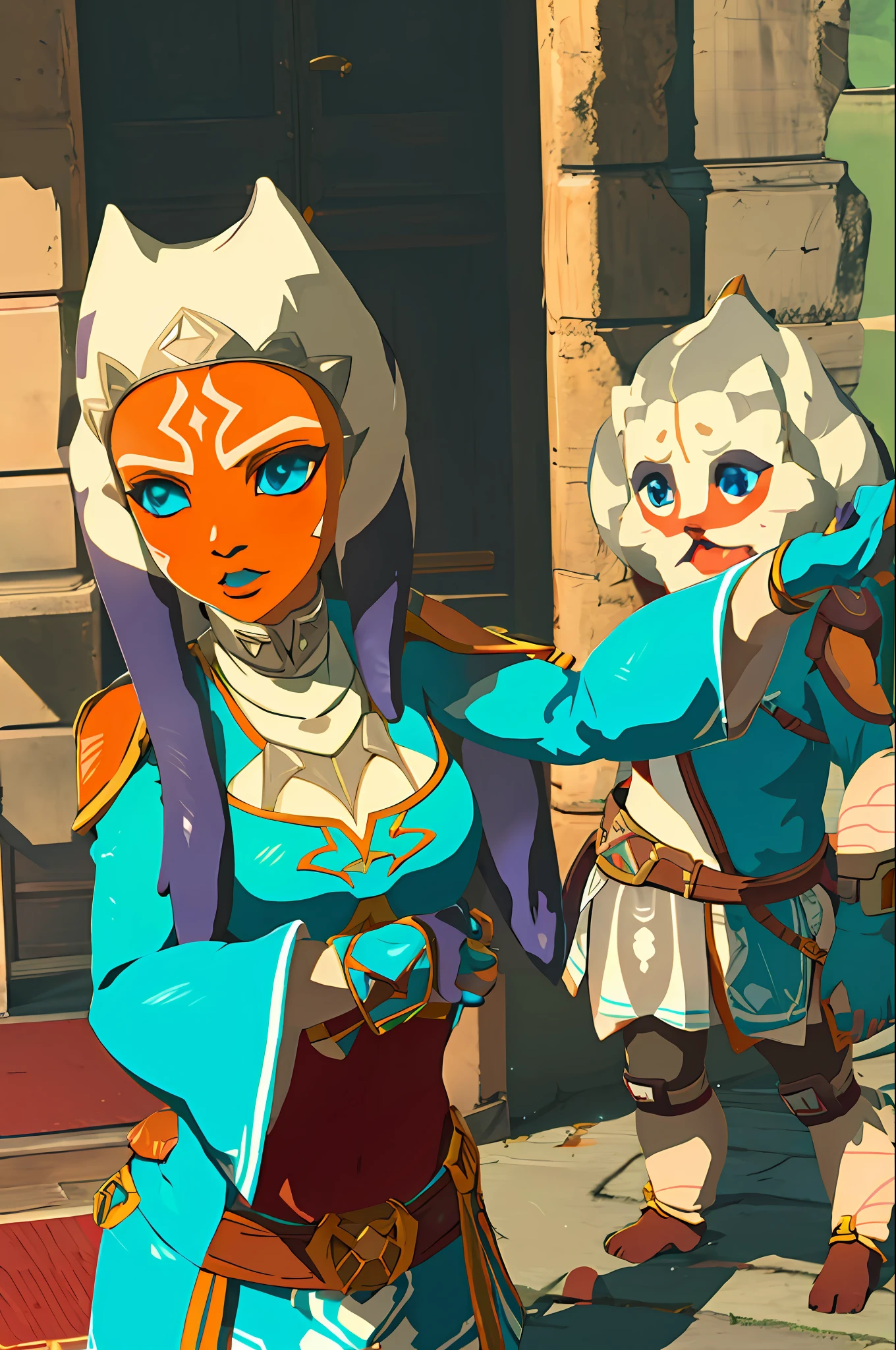 1girl, blue eyes, orange skin, tentacle hair, 
botw style