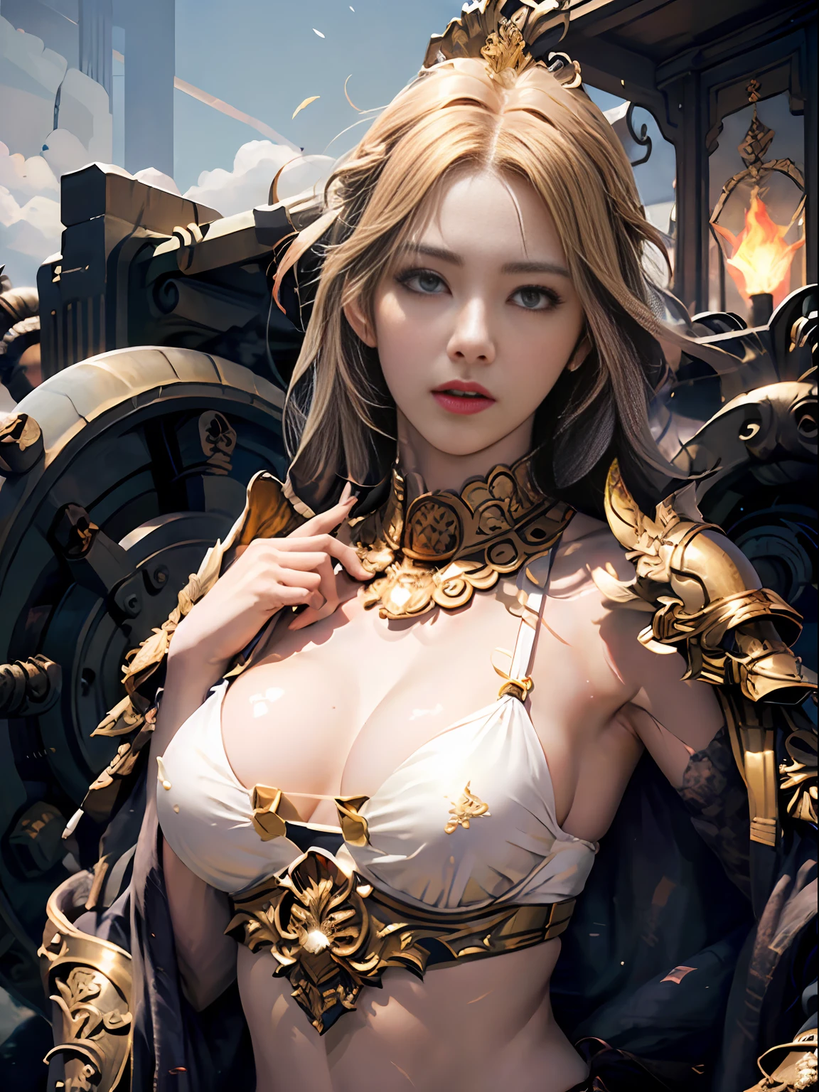 Official Art, Unity 8k wallpaper, ultra detail, masterpiece, best quality, one woman, (very detailed),(RAW photo, best quality),(realistic, photorealistic:1.3),high definition, opening your mouth lightly, ultra-detailed complex 3D rendering of face, (big breasts: 8.8), (highly detailed skin: 1.2), (exposure: 1.1), beautiful caucasian woman with big ass full soft breasts and white skin, (Topless), breasts,((beautiful blonde)) , yellow eyes, long hair, ( (clear silk blue micro bikini)), dynamic angle, mystical expression, fire glow effect, fantasy background, rim lighting, side lights, cinematic lights, ultra high definition, 8k , film grain,best shadows, light particles, detailed skin texture, detailed face, golden eyebrows, ultra detail, view viewers, ((Strong armor of gold shining with detail)), cleavage, slender abs, having shining weapons, holding a beautiful shield, Paul Dron, (detailed and ornate crown)), glowing eyes, long purple cloak, fantasy, (realistic),