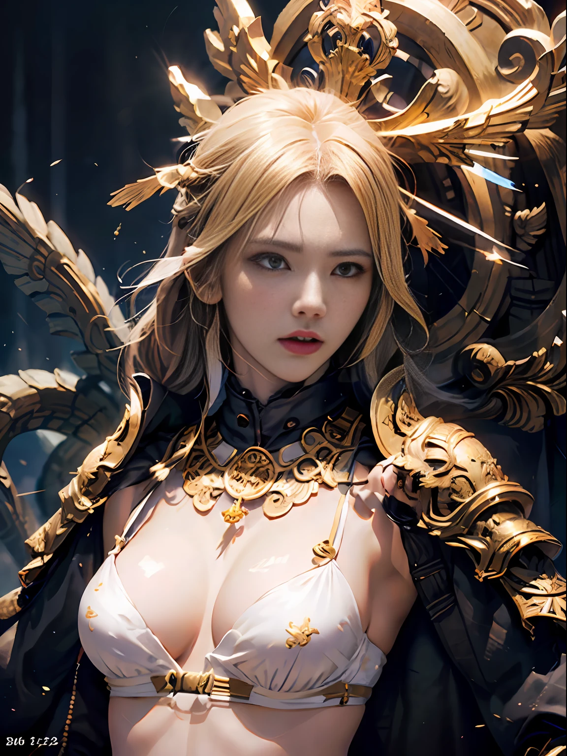 Official Art, Unity 8k wallpaper, ultra detail, masterpiece, best quality, one woman, (very detailed),(RAW photo, best quality),(realistic, photorealistic:1.3),high definition, opening your mouth lightly, ultra-detailed complex 3D rendering of face, (big breasts: 8.8), (highly detailed skin: 1.2), (exposure: 1.1), beautiful caucasian woman with big ass full soft breasts and white skin, (Topless), breasts,((beautiful blonde)) , yellow eyes, long hair, ( (clear silk blue micro bikini)), dynamic angle, mystical expression, fire glow effect, fantasy background, rim lighting, side lights, cinematic lights, ultra high definition, 8k , film grain,best shadows, light particles, detailed skin texture, detailed face, golden eyebrows, ultra detail, view viewers, ((Strong armor of gold shining with detail)), cleavage, slender abs, having shining weapons, holding a beautiful shield, Paul Dron, (detailed and ornate crown)), glowing eyes, long purple cloak, fantasy, (realistic),
