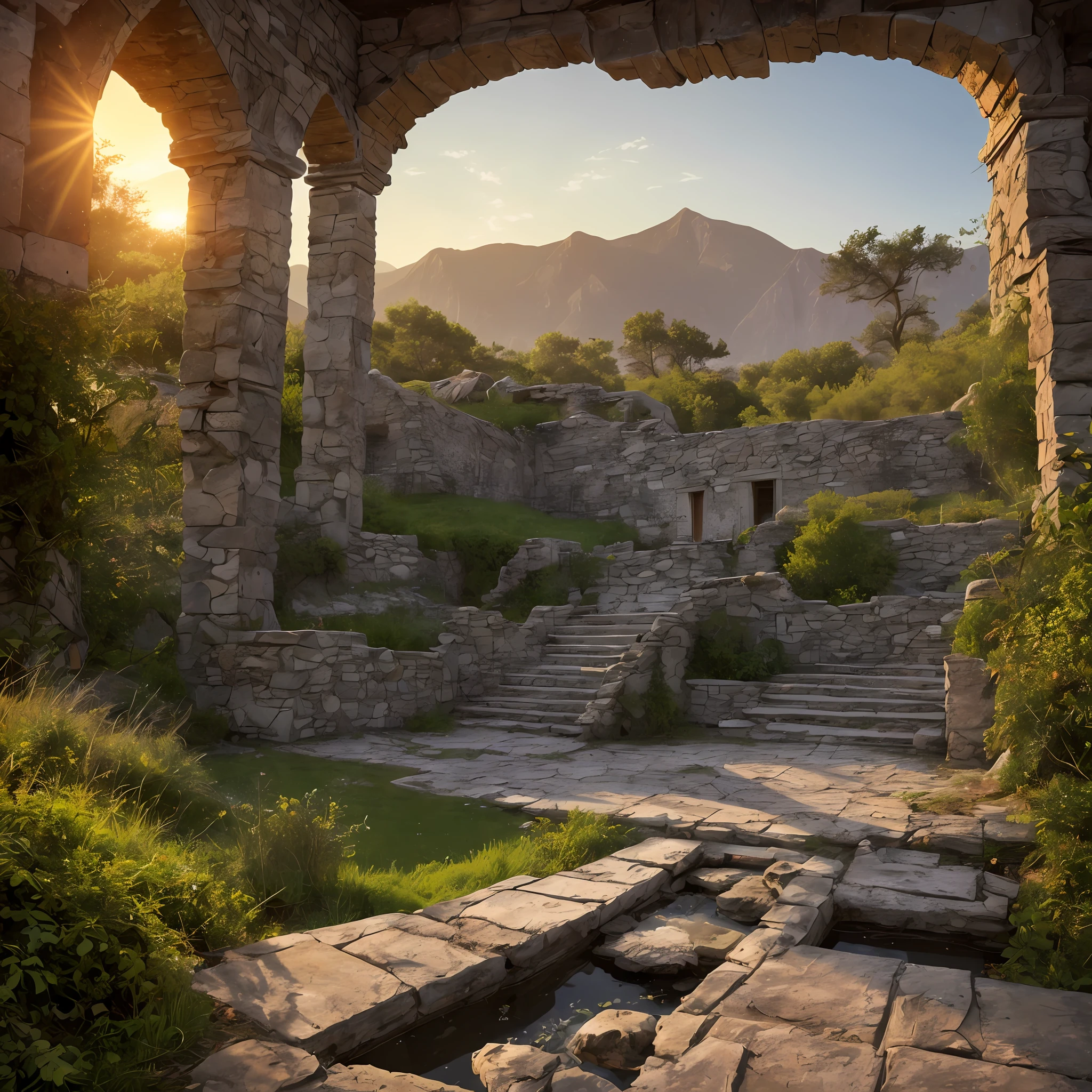 Realistic drawing, Computer visualized graphics, realistic fantasy, Extensive landscape ultra photography (general view, inside a ruined house in the basement, stone steps to the basement, steps leading to the bottom, a small stone ruined platform, a collapsed fountain, broken wooden railings, a ruined fountain in the form of a bowl below), blurred background, gloomy, blue, dark, purple background, gray, cold, magical, "Majestic mountains," "Lush forests," "Glittering lakes, ” “Desert dunes,” “Golden sunsets.”