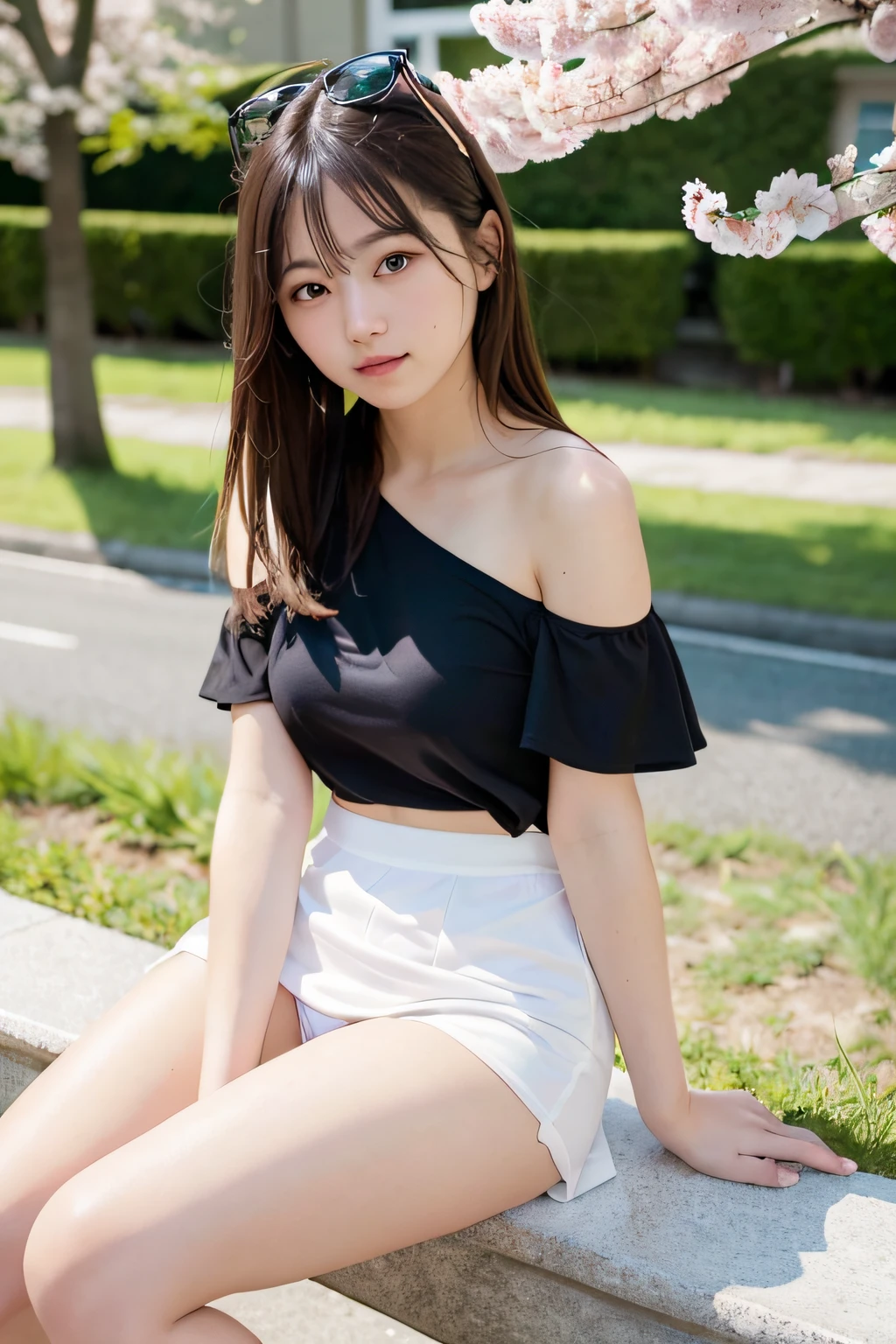 Top quality, ultra high resolution, (photoreal: 1.4), light smile, looking at the camera, full body, white off-shoulder, skin exposed, black mini skirt, beautiful legs, sitting on a bench, low angle from the front: 1.2, bold open legs: 1.4, flipped skirt, (see-through white panties are visible from the crotch: 1.8), crotch close-up: 1.2, sunny, river, (cherry blossoms), blue sky, Strong sunlight