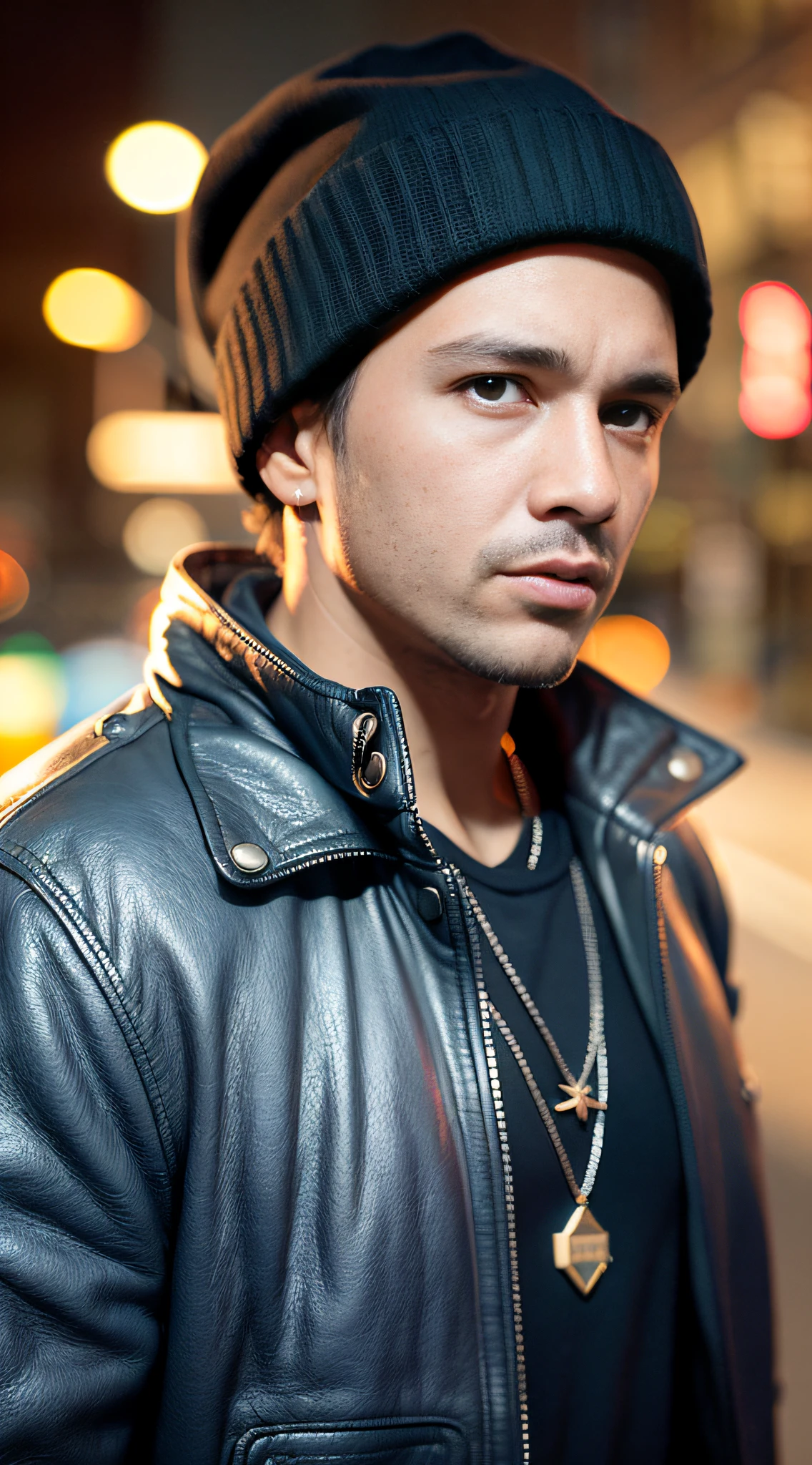 (strong white man with brown leather jacket and rapper necklace), (tense expression), (gangsta rap), (very short shaved hair), (black beanie hat), (skin pores), (ultra-detailed oily skin), (suburban scene at night), (dirty alley), dark shadows, (action scene), (dark ambient), (high detail++), ((street)), ((american advertising poster)), scenic lighting, photographed in a Fujifilm GFX 100,  50mm F2 lens, photorealistic texture, (highly detailed, intricately detailed), dimly lit environment, (neon lighting: 1.2), atmospheric perspective, film grain, Raytrace, Caustics, Bokeh, (masterpiece), UHD, super detail, (16k), (. RAW), sharp focus++, (bottom), (subsurface scattering), (strong blue backlight), desaturated, soft colors