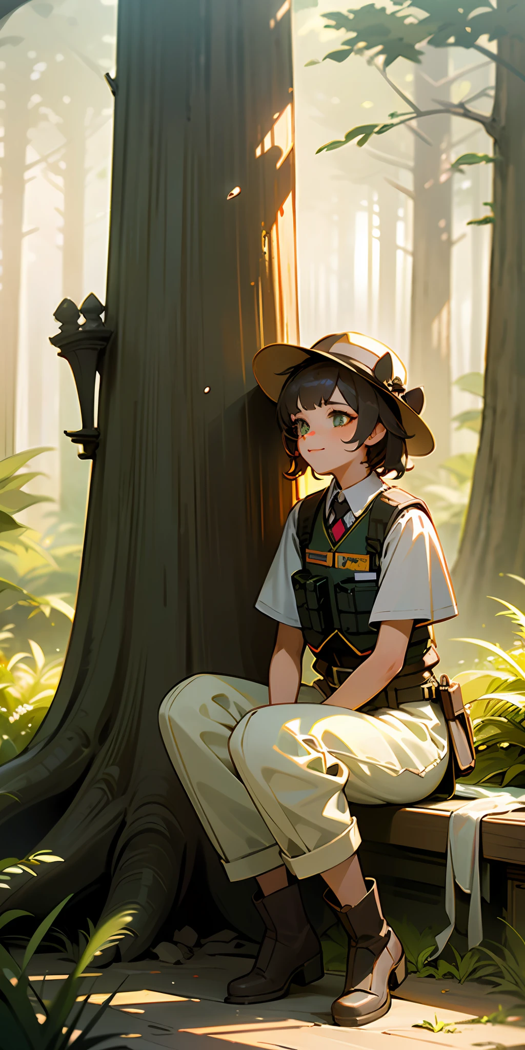 ((high quality)), ((masterpiece)), 8k, 2girls, bulletproof vest, light, extremely detailed CG unity 8k wallpaper, game cg, absurd, high resolution, super detailed, (1 girl: 1.3), (messy hair, beautiful delicate eyes, shiny oily skin: 1.1), pretty, break, huge sequoia, ancient forest, huge trees, tranquil grove, dappled sun, biodiversity, boots, trousers, light layers, hat, sitting on the floor, the sun rises, I can see some sparrows, a young girl sitting and looking out, light summer clothes and bright smiles, gentle light, normal body proportions.
