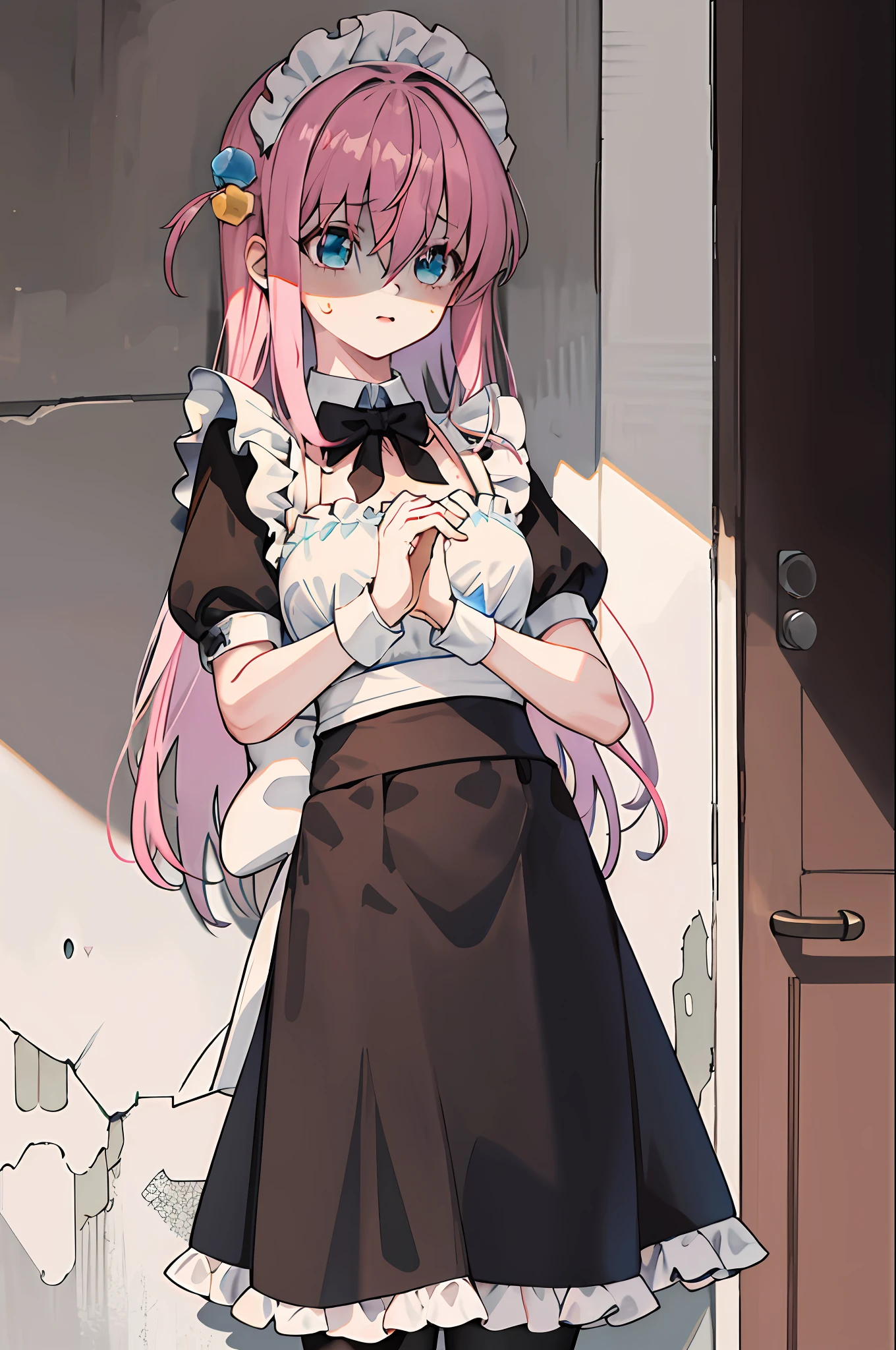masterpiece, best quality, highres, gotou1, gotou hitori, solo, bangs, hair between eyes, short sleeves, maid, maid headdress, flat breasts, standing, restaurant, heart, heart hands, shaded face, sweatdrop, cowboy shot,
