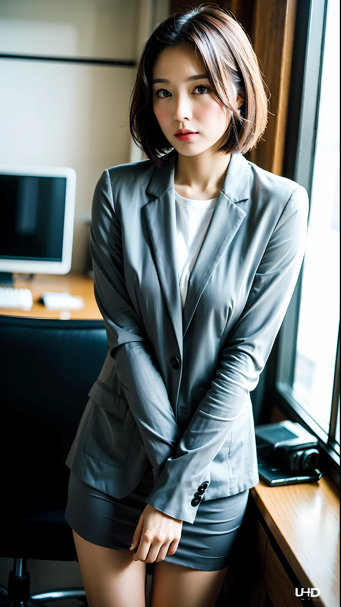 (Best Quality, 8k, 32k, Masterpiece, UHD: 1.2), cute Japan woman photo, short hair, big, tight suit, office lady, Tokyo background