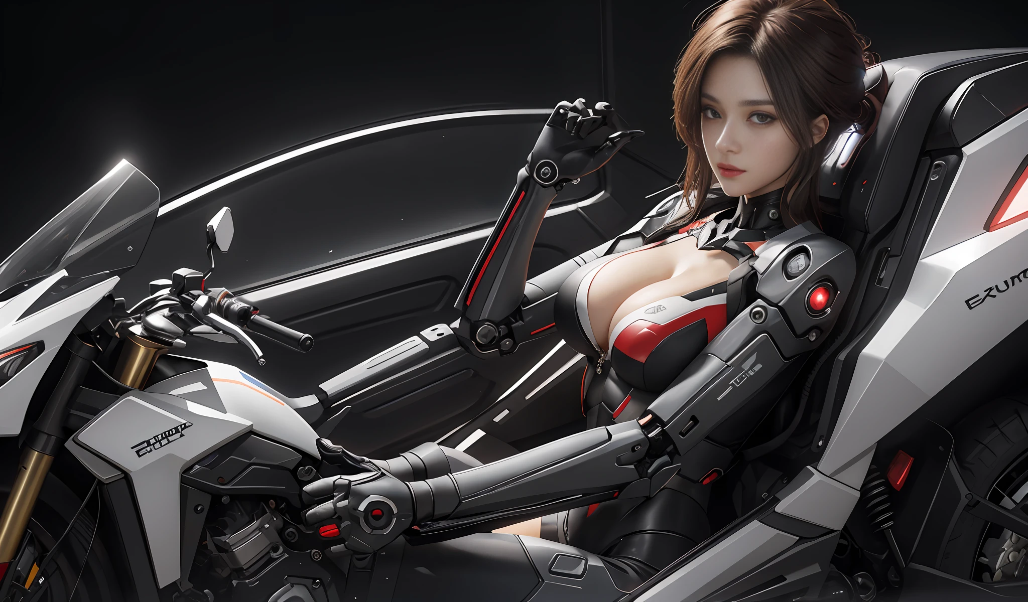 Highest quality, outstanding detail, super high resolution, (fidelity: 1.4), best illustration, favor details, close-up, a mecha girl with a delicate and beautiful face, ((red and white semi-mechanical body: 1.8)), (big breast: 1.2), sexy, belly button, cleavage, riding on a motorcycle, cyberpunk, futuristic, mechanical aesthetics, complex machinery, background is a high-tech lighting scene of the futuristic city, virtual engine 5, perfect detail rendering, octane rendering, ultra HD