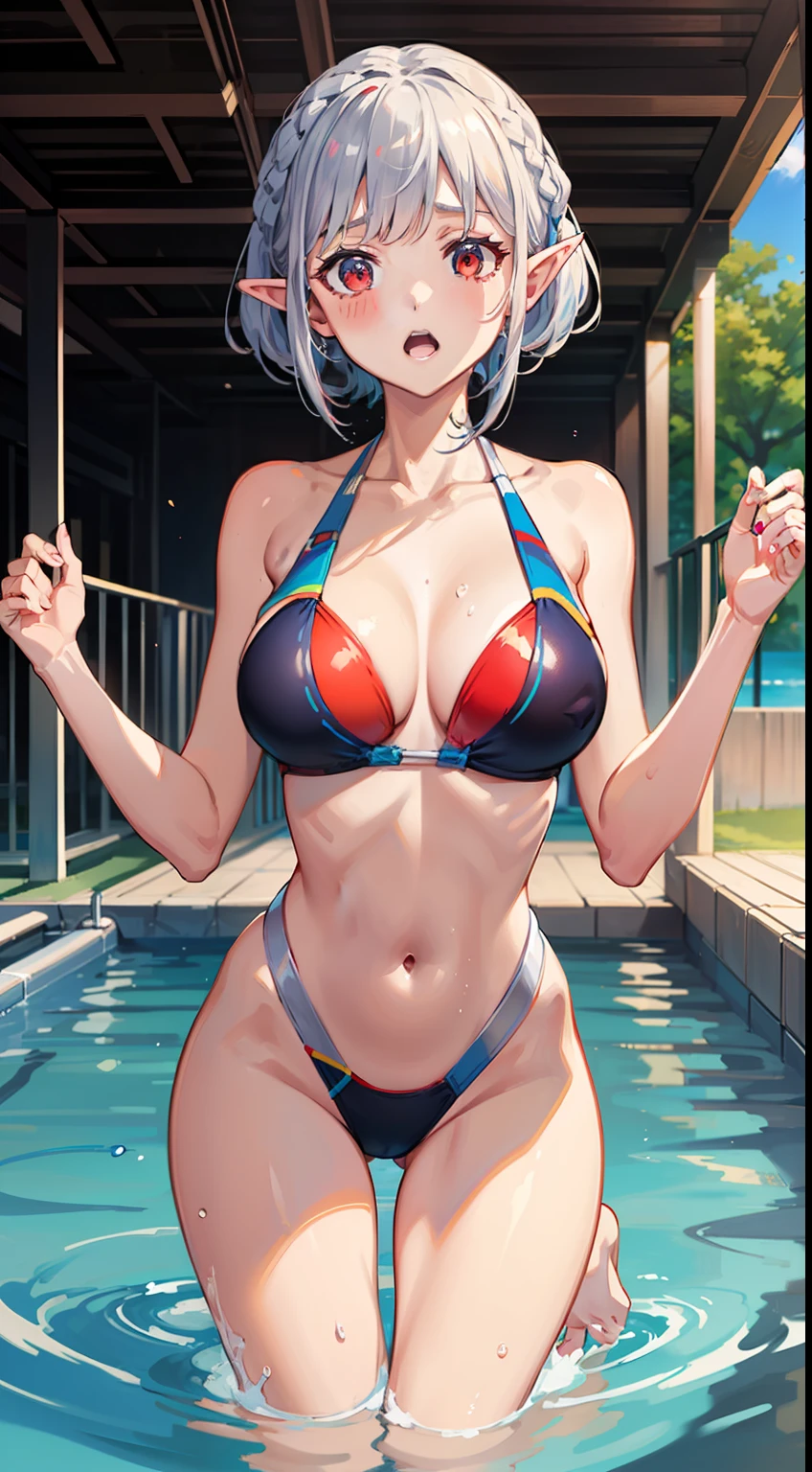 ((Put your hands on your chest)), ((surprised)), (Red face), 1 girl full body, Elf, Silver hair, Red eyes, Braid hair, Bob cut, Swimsuit, One piece swimsuit, Swimming pool, TS, Concept art, Beautiful anime scene, Beautiful anime scene, Best quality, Masterpiece, 4K