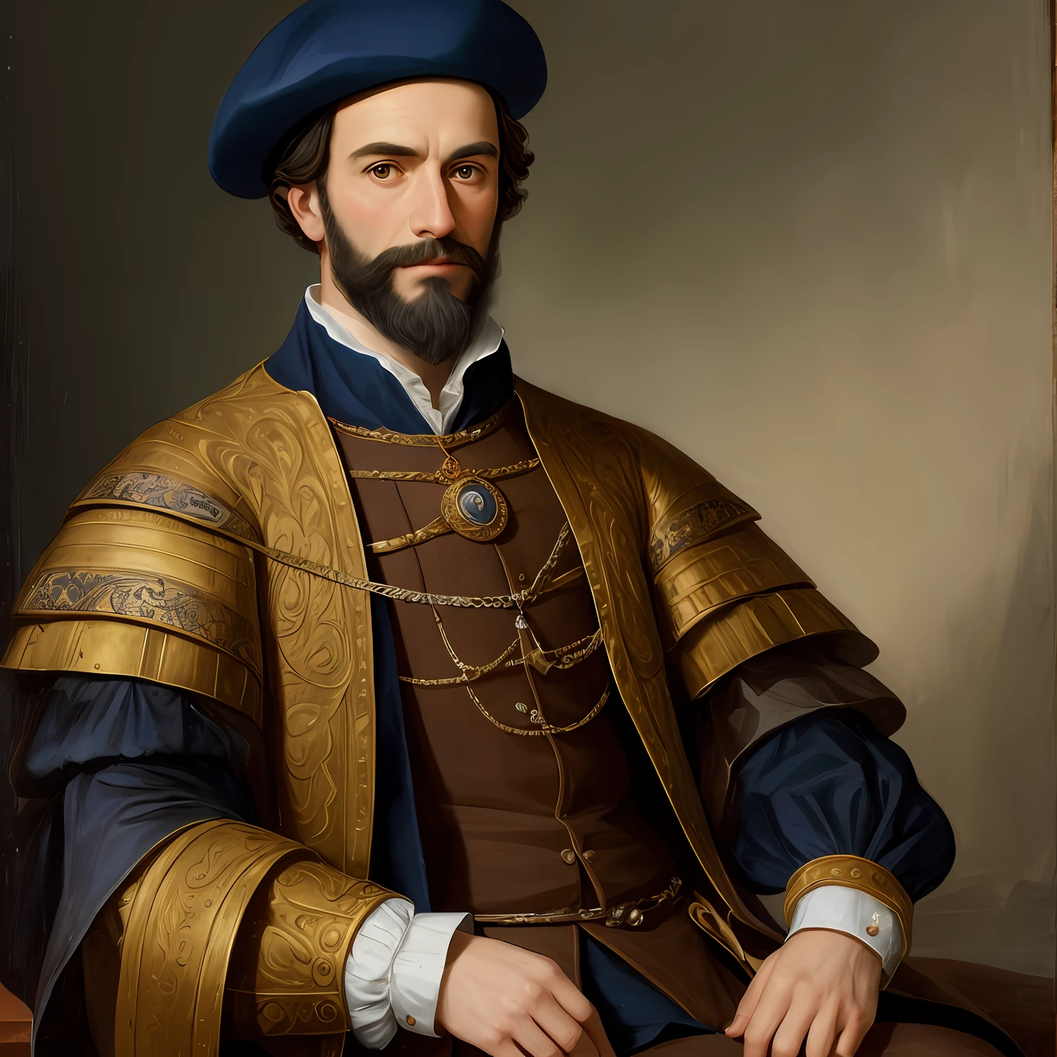 painting of a bearded man wearing beret on head of brown coat and blue shirt, Pablo Hurtado de Mendoza, Pierre Puvis de Chavannesa, portrait of a medieval nobleman, inspired by Martim Afonso, portrait of a male hydromancer, inspired by Cornelis de Man, by Serafino De Tivoli, inspired by Juan de Valdés Leal --auto